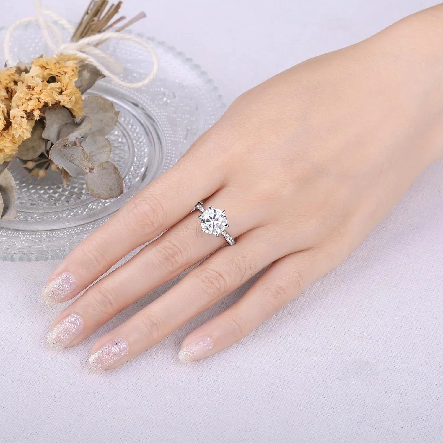 JewelryPalace 3ct Classico Anello Solitario placcato oro bianco 14K con Moissanite, Diamante Simulato Anelli con Pietre Laterali, Smeplice Fedine Fidanzamento e Anniversario Set Gioielli Donna 11.5 - immagine 4