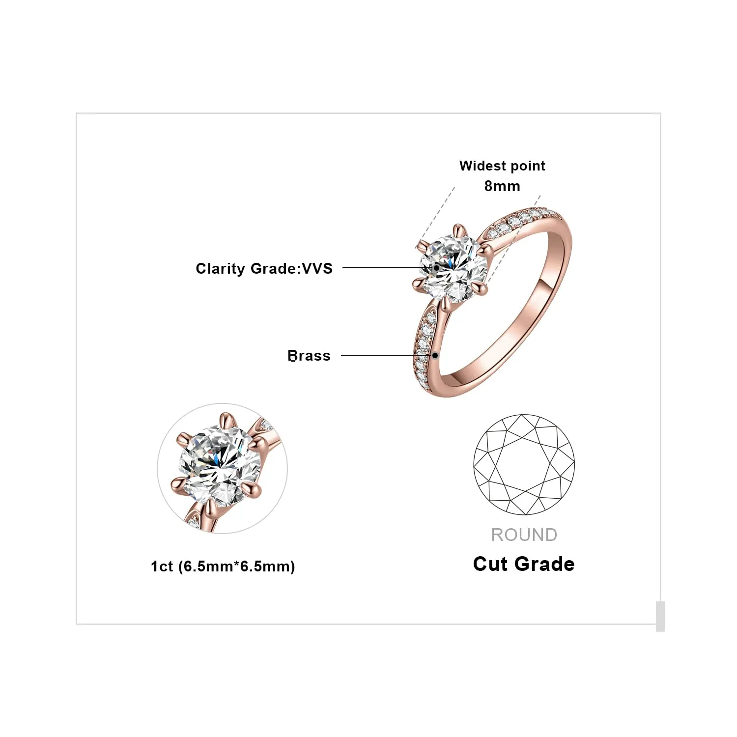 JewelryPalace 1ct Classico Anello Solitario Donna placcato oro rosa 14K Creato Moissanite, Diamante Simulato Anelli con Pietre Laterali, Semplice Fedine Fidanzamento Oro Rosa Set Gioielli Donna 19.5 - immagine 2