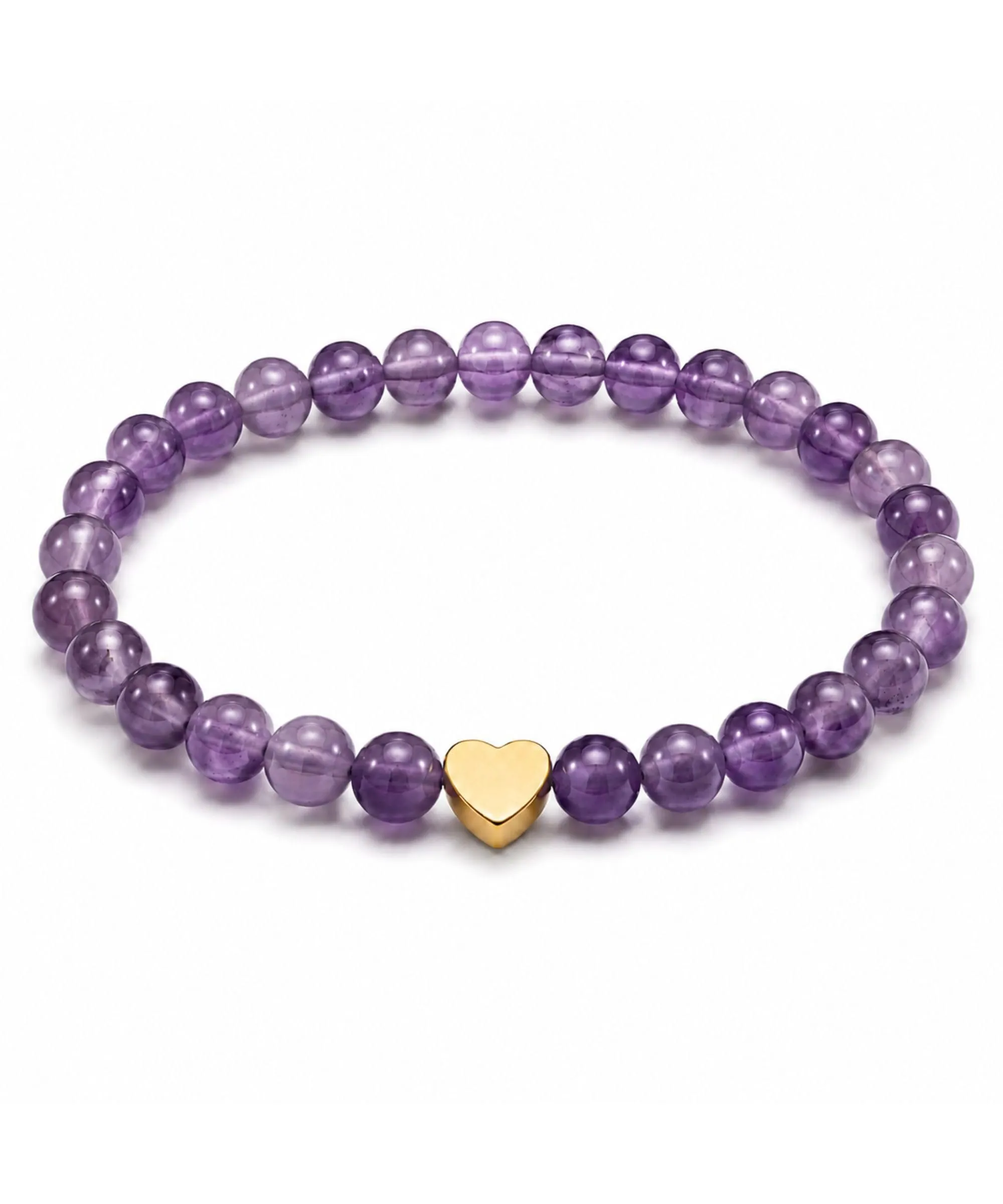 GD GOOD.designs Bracciale con Ametista e Cuore in Acciaio Inox Placcato Oro 18K | Bracciale da Donna con Perle da 6 mm | Impermeabile | Elastico 15–19 cm | Sacchetto Portagioie Incluso - immagine 1