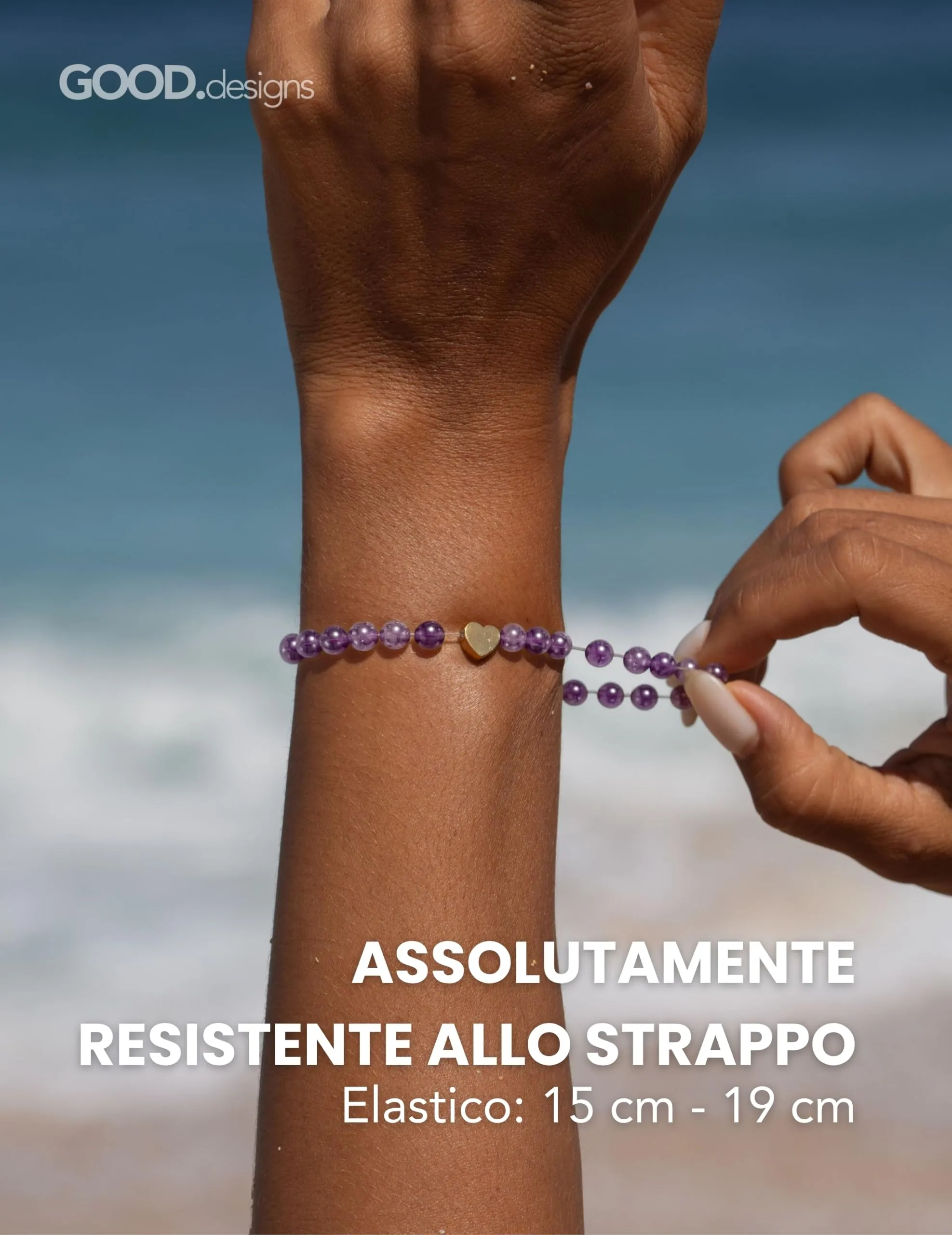 GD GOOD.designs Bracciale con Ametista e Cuore in Acciaio Inox Placcato Oro 18K | Bracciale da Donna con Perle da 6 mm | Impermeabile | Elastico 15–19 cm | Sacchetto Portagioie Incluso - immagine 4