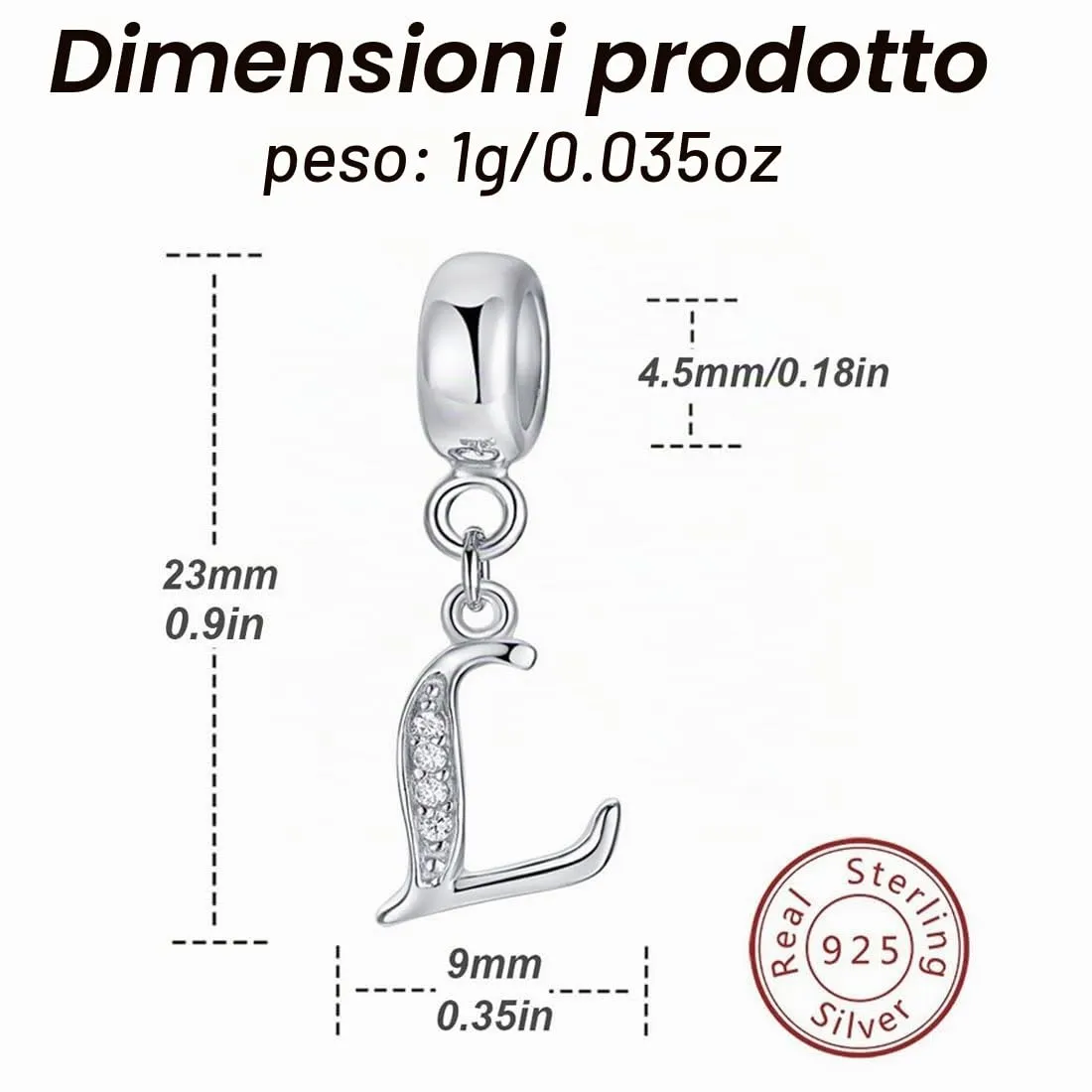 Charm in argento Sterling 925 con ciondolo a forma di lettera dell'alfabeto, utilizzabile come iniziale o per formare parole, compatibile con bracciali Pandora L - immagine 2