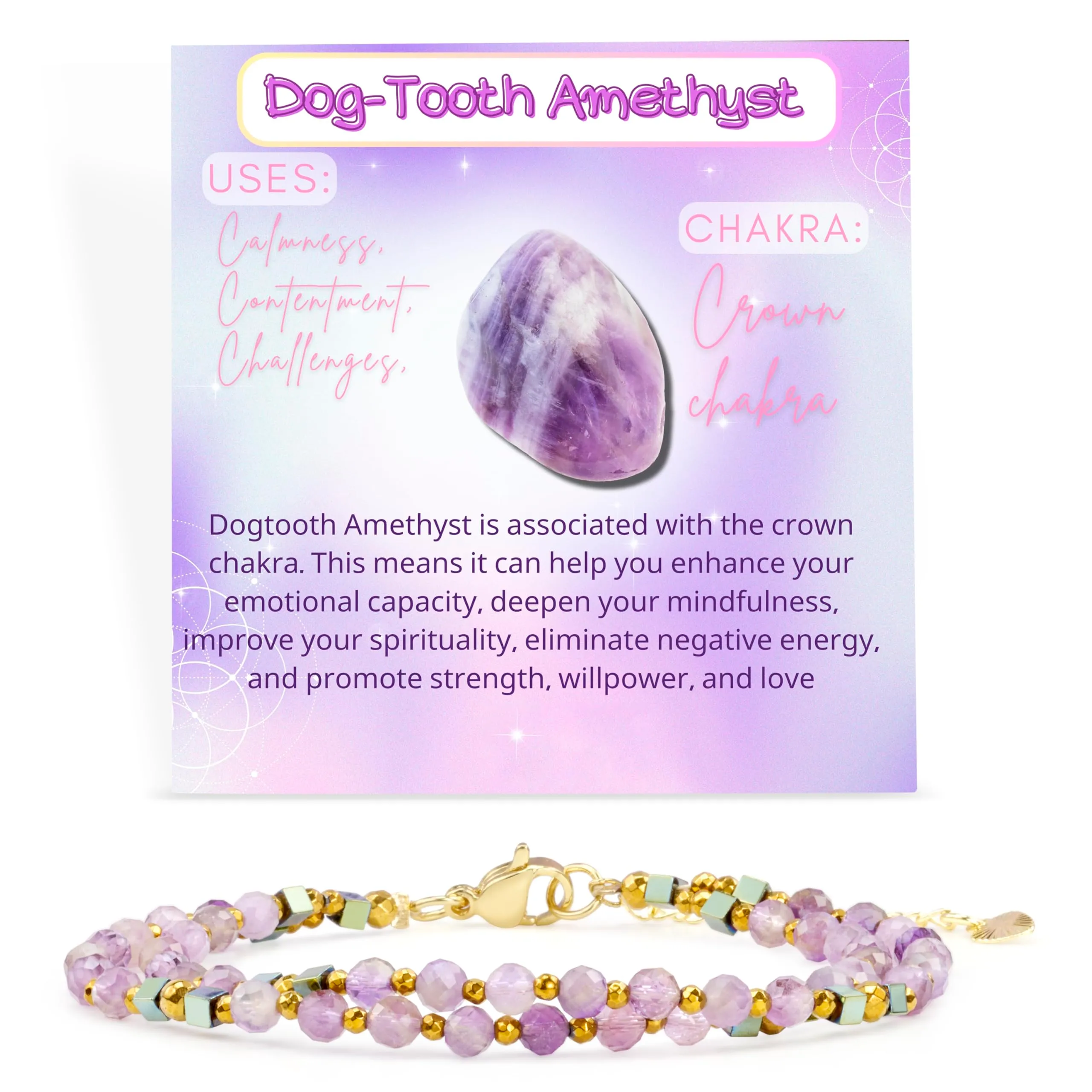 Farfume Bracciale Donna Chakra 4 mm Perline Bracciali, Cristalli Pietre Naturali Gioielli Regalo per le Donne (Ametista a dente di cane) - immagine 1