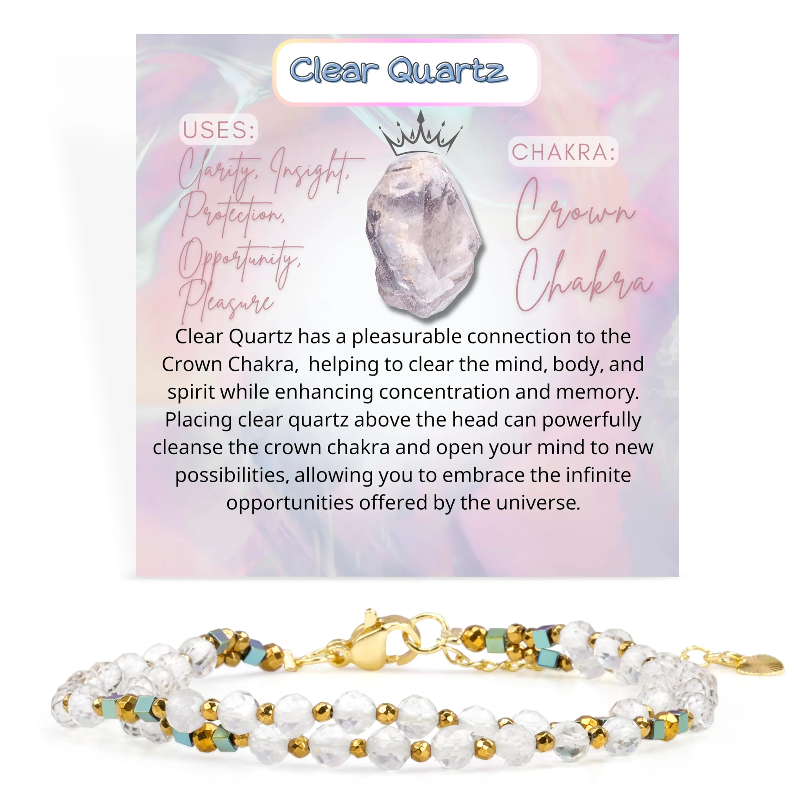 Farfume Bracciale Donna Chakra 4 mm Perline Bracciali, Cristalli Pietre Naturali Gioielli Regalo per le Donne (Quarzo chiaro) - immagine 1