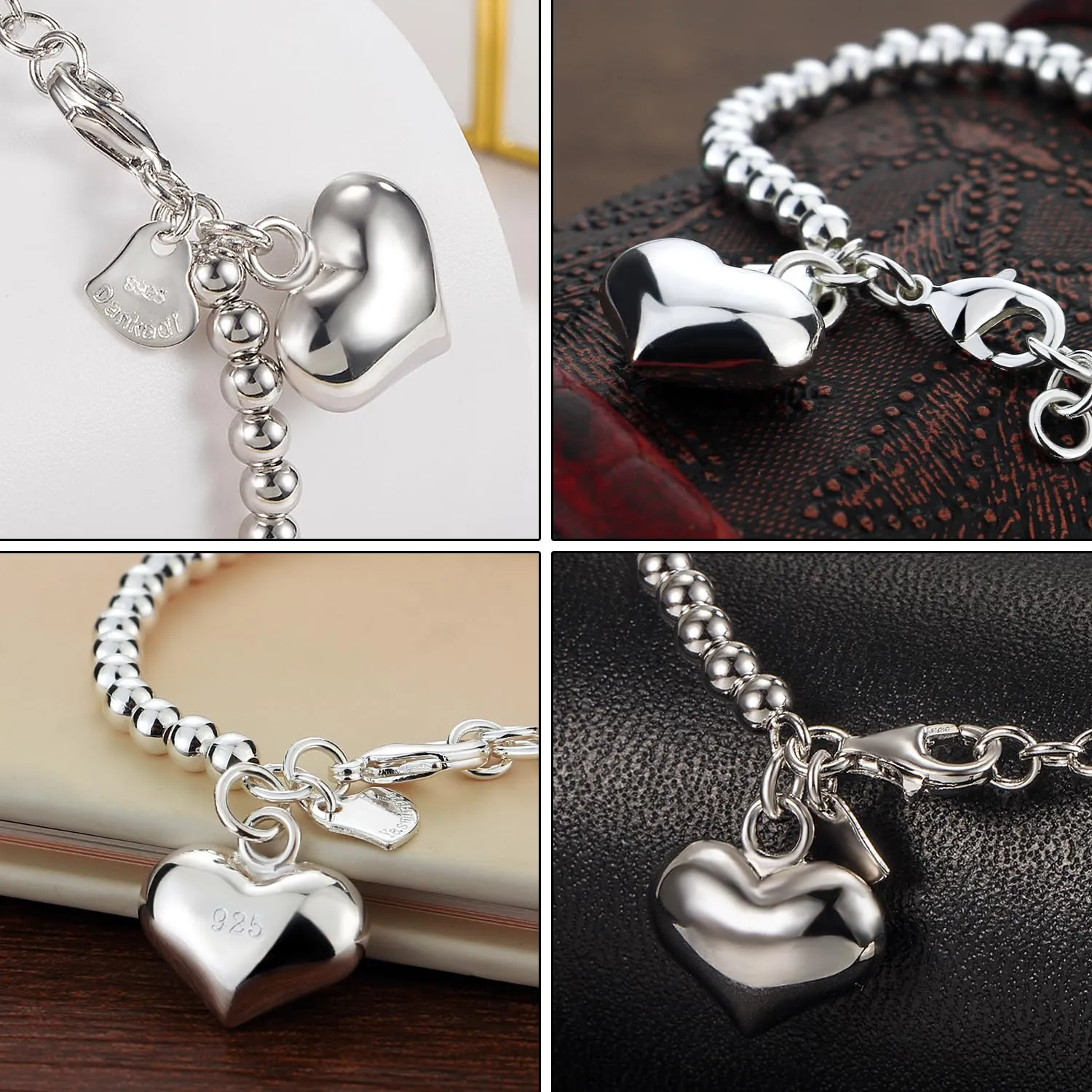 Dankadi Bracciale di Perle per Donna in Argento 925 Larghezza 4MM 6MM Senza e Con Ciondolo a Cuore, Lunghezza 13-21CM Doré Oro Rosa Regalo Festa della Mamma Uomo, 20CM, Argento - immagine 9
