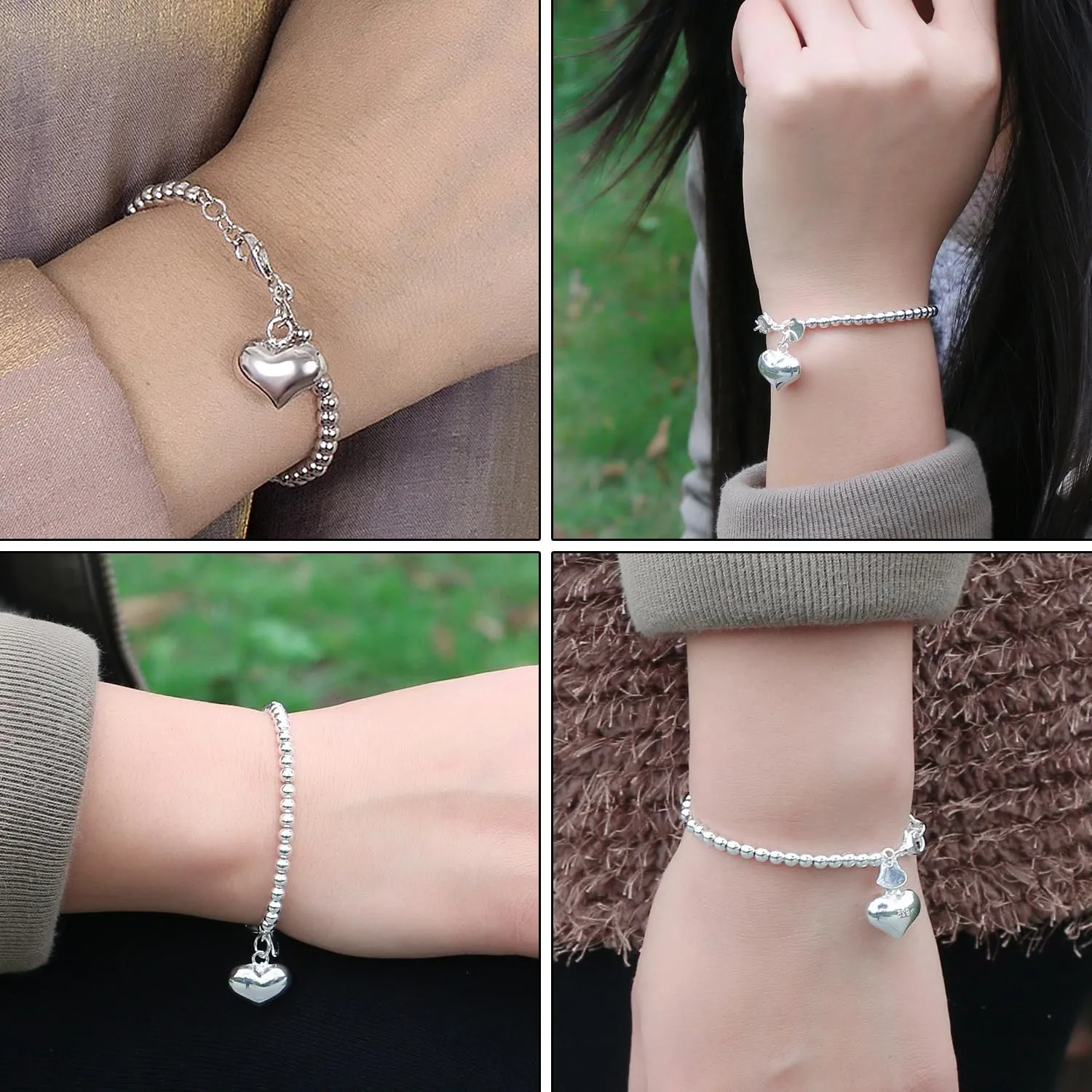 Dankadi Bracciale di Perle per Donna in Argento 925 Larghezza 4MM 6MM Senza e Con Ciondolo a Cuore, Lunghezza 13-21CM Doré Oro Rosa Regalo Festa della Mamma Uomo, 13CM, Argento - immagine 8