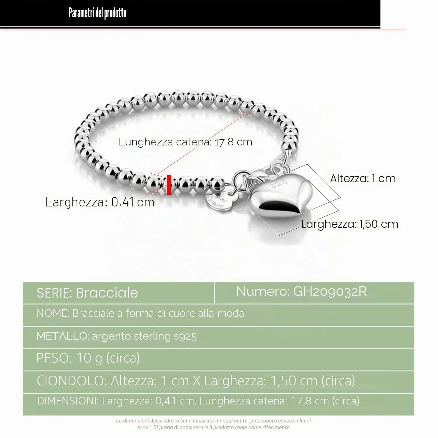 Dankadi Bracciale di Perle per Donna in Argento 925 Larghezza 4MM 6MM Senza e Con Ciondolo a Cuore, Lunghezza 13-21CM Doré Oro Rosa Regalo Festa della Mamma Uomo, 19CM, Argento - immagine 2
