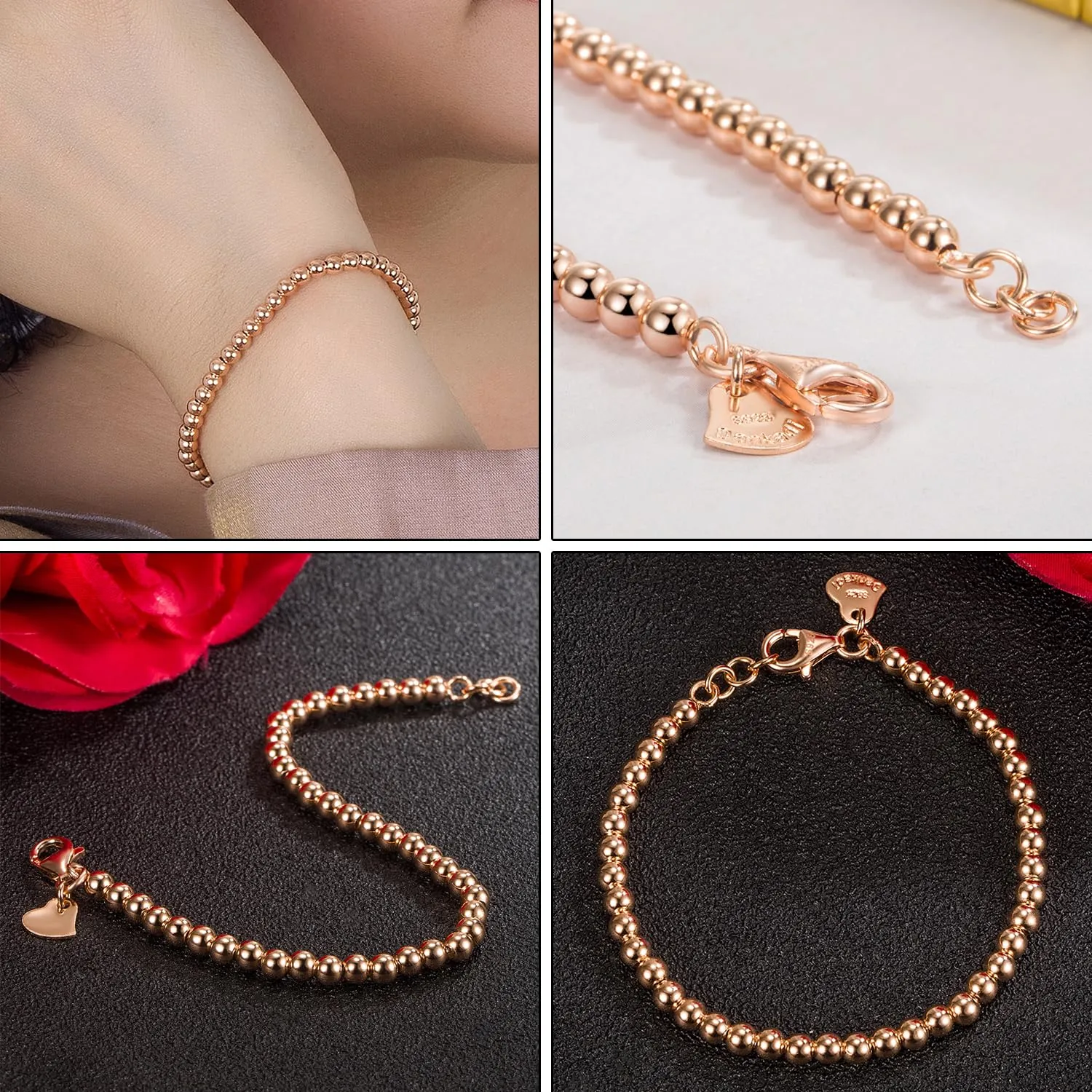 Dankadi Bracciale di Perle per Donna in Argento 925 Larghezza 4MM 6MM Senza e Con Ciondolo a Cuore, Lunghezza 13-21CM Doré Oro Rosa Regalo Festa della Mamma Uomo, 19CM, Argento - immagine 9