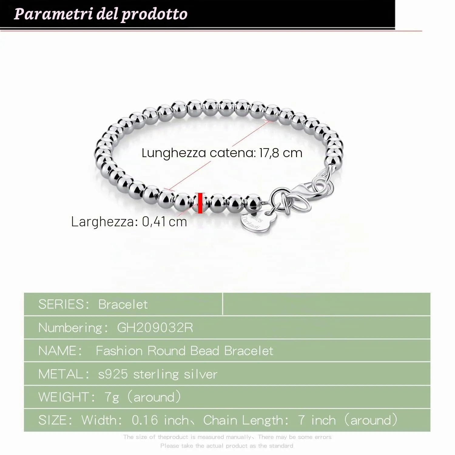 Bracciale da donna Dankadi in argento Sterling 925 con perline, larghezza 4 mm, lunghezza 6 mm senza ciondolo a forma di cuore, lungo 13-21 cm, placcato oro rosa - immagine 4