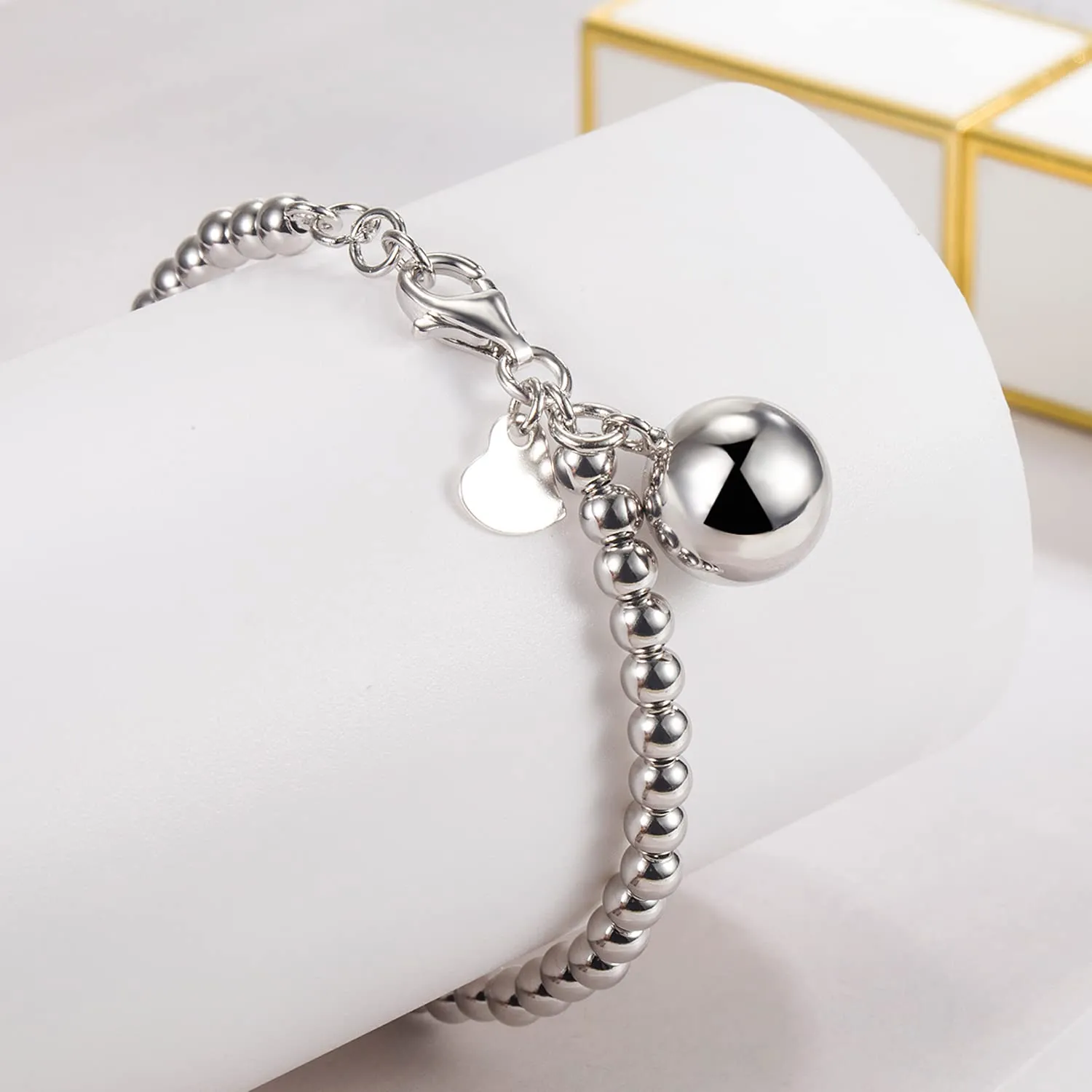 Dankadi Bracciale di Perle per Donna in Argento 925, Larghezza 4MM e 6MM, Con e Senza Ciondolo a Cuore, Lunghezza 13-21CM, Doré Oro Rosa, Regalo Festa Mamma, Figlia, Uomo, 15CM, Argento - immagine 4