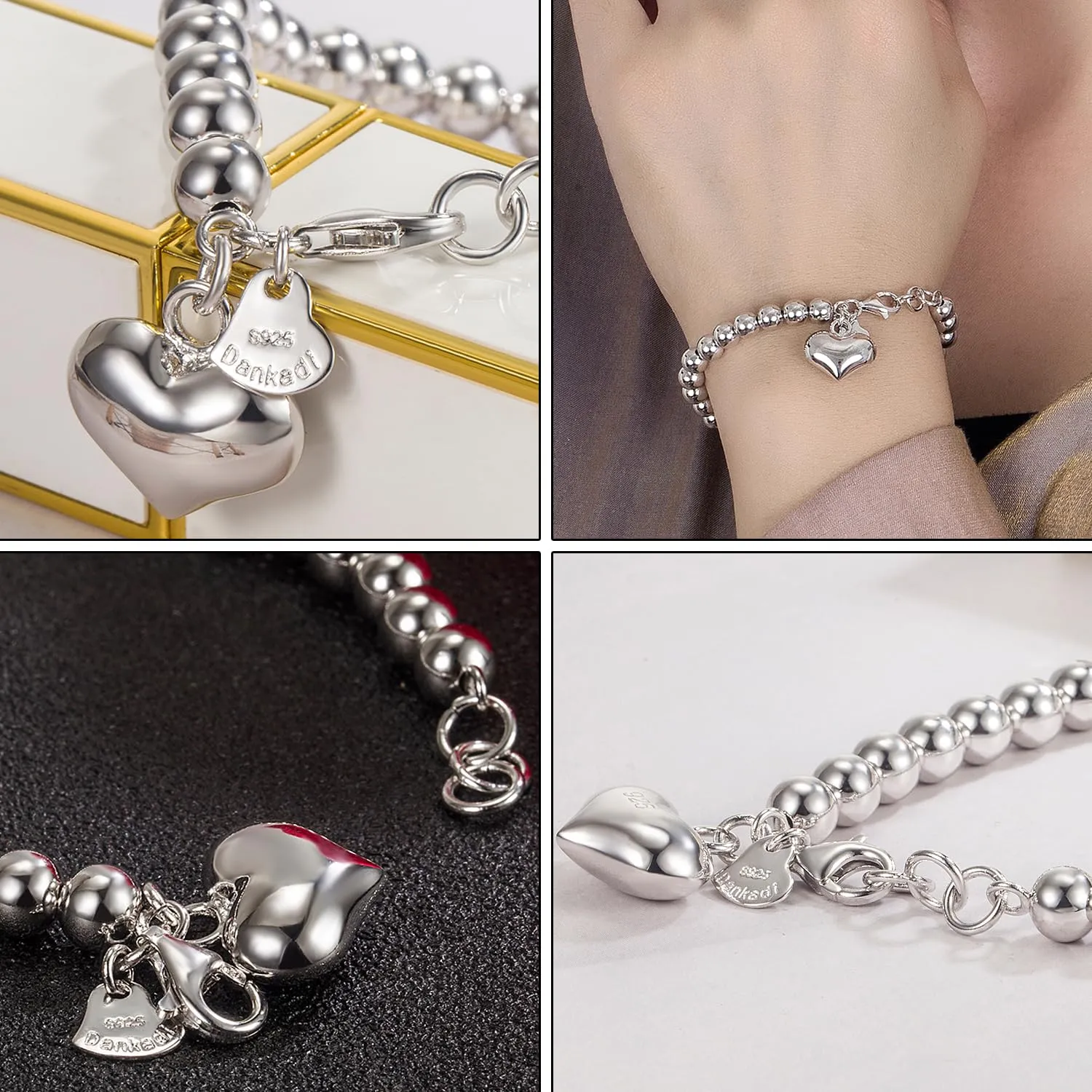 Dankadi Bracciale di Perle per Donna in Argento 925 Larghezza 4MM 6MM con e senza Ciondolo a Cuore, Lunghezza 13-21CM Dorato Oro Rosa, Regalo Festa della Mamma, Figlia, Uomo, 17CM, Argento - immagine 8