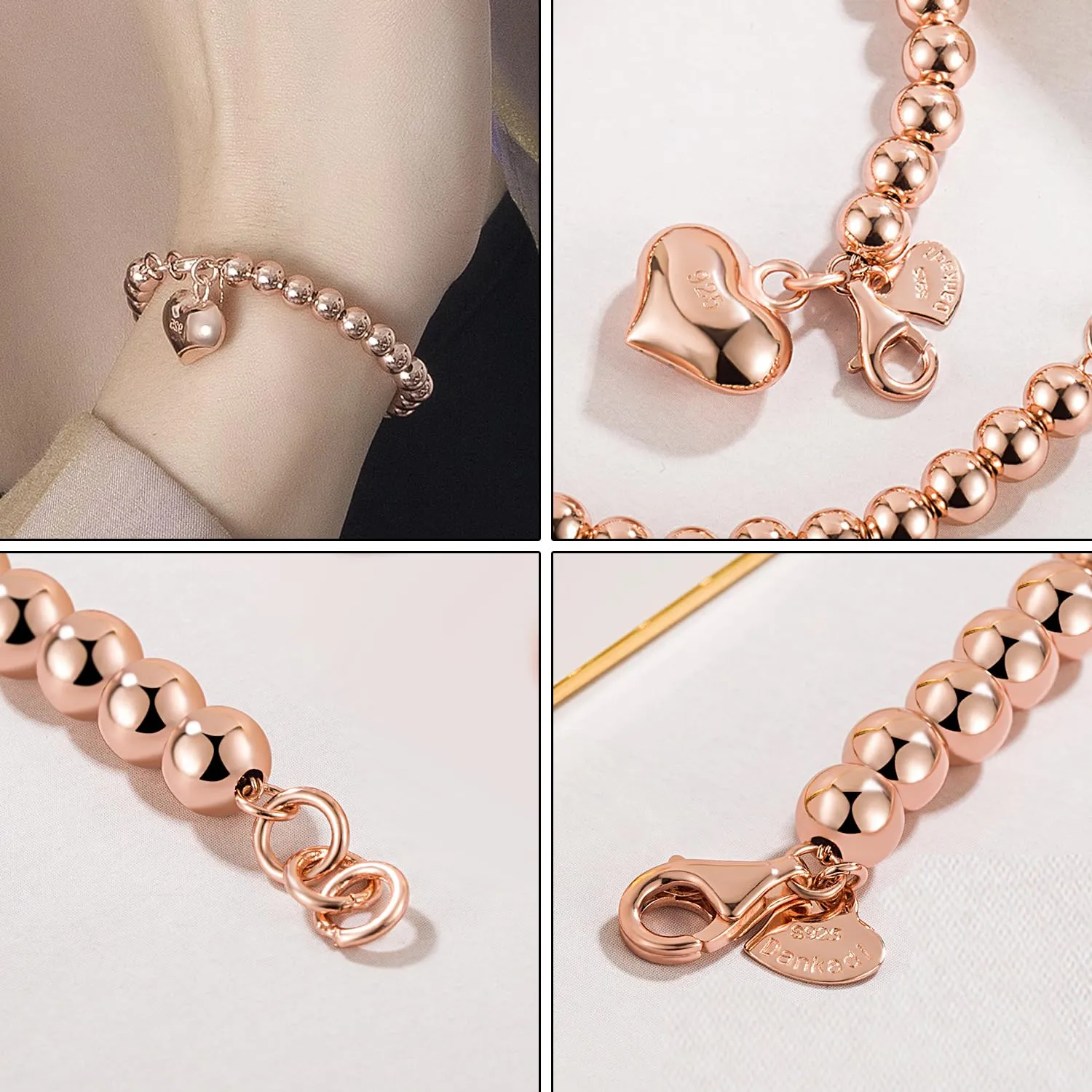 Dankadi Bracciale di Perle per Donna in Argento 925 Larghezza 4MM 6MM Senza e Con Ciondolo a Cuore, Lunghezza 13-21CM Doré Oro Rosa Regalo Festa della Mamma Uomo, 21CM, Argento - immagine 8