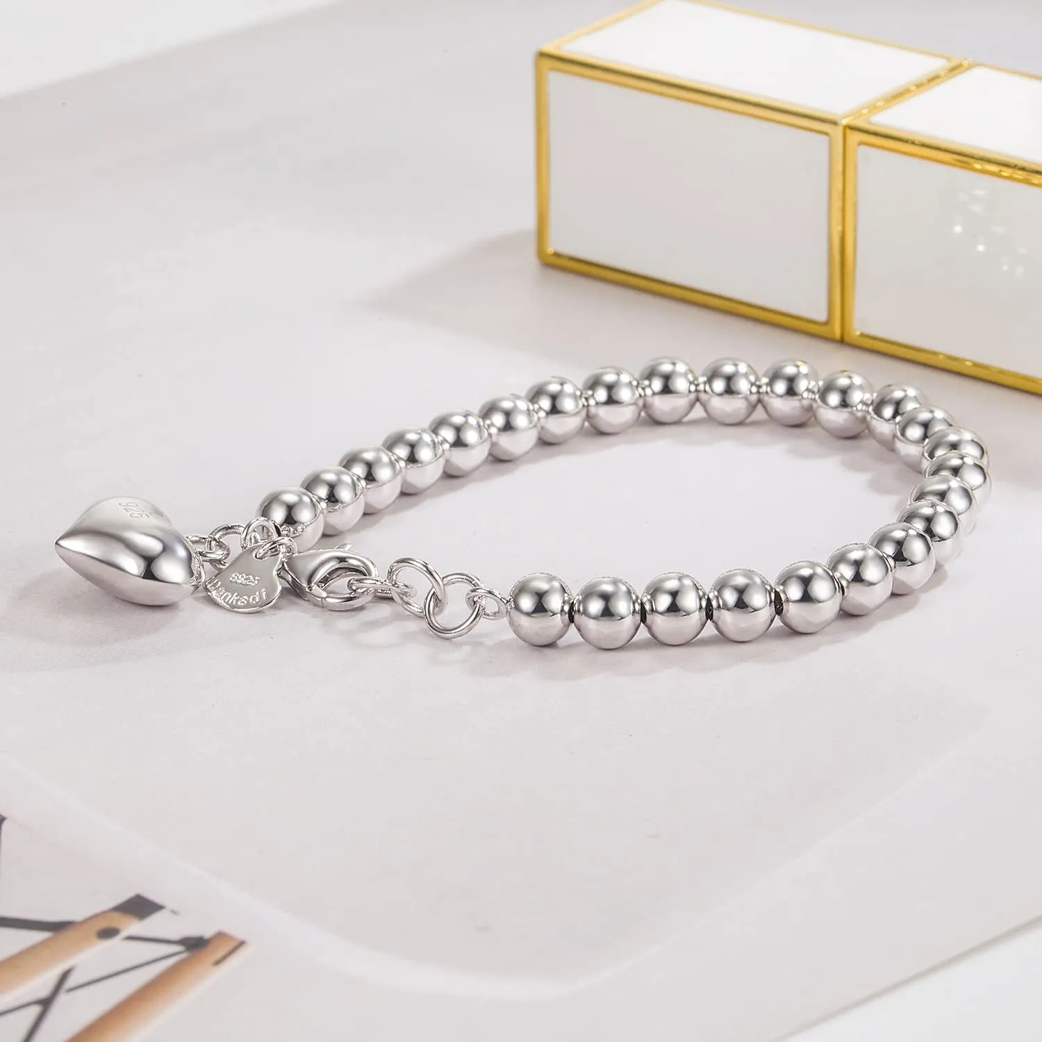 Dankadi Bracciale di Perle per Donna in Argento 925 Larghezza 4MM 6MM Senza e Con Ciondolo a Cuore, Lunghezza 13-21CM Doré Oro Rosa Regalo Festa della Mamma Uomo, 20CM, Argento - immagine 4