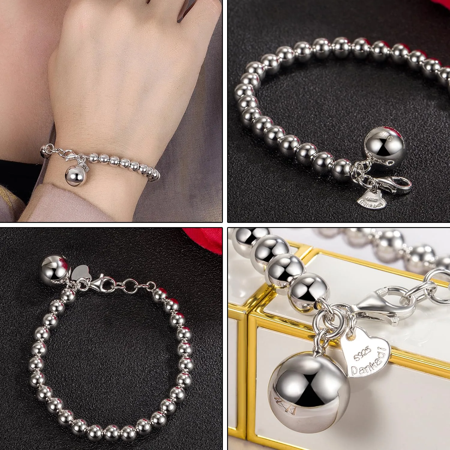 Dankadi Bracciale di Perle per Donna in Argento 925 Larghezza 4MM 6MM Senza e Con Ciondolo a Cuore, Lunghezza 13-21CM Doré Oro Rosa Regalo Festa della Mamma Uomo, 19CM, Argento - immagine 8