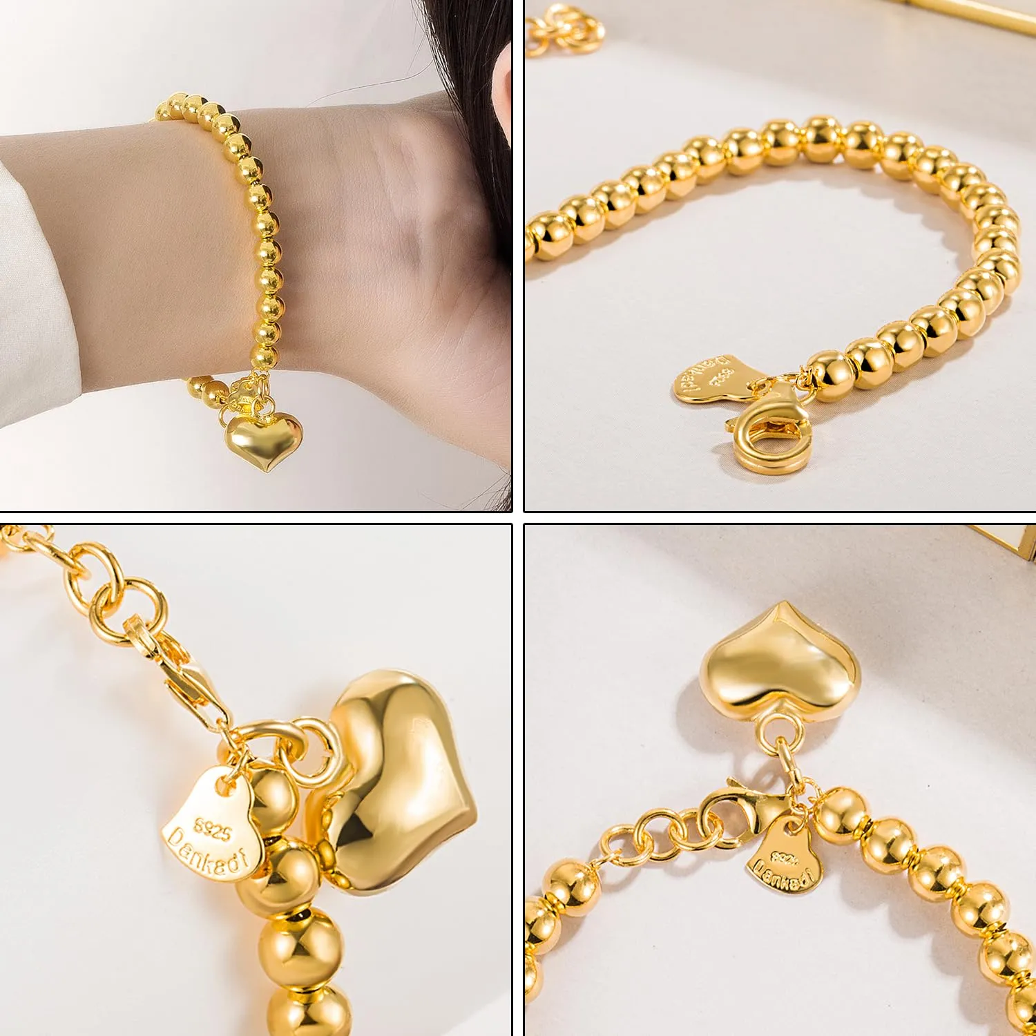 Dankadi Bracciale di Perle per Donna in Argento 925 Larghezza 4MM 6MM Senza e Con Ciondolo a Cuore, Lunghezza 13-21CM Doré Oro Rosa Regalo Festa della Mamma Uomo, 20CM, Argento - immagine 9