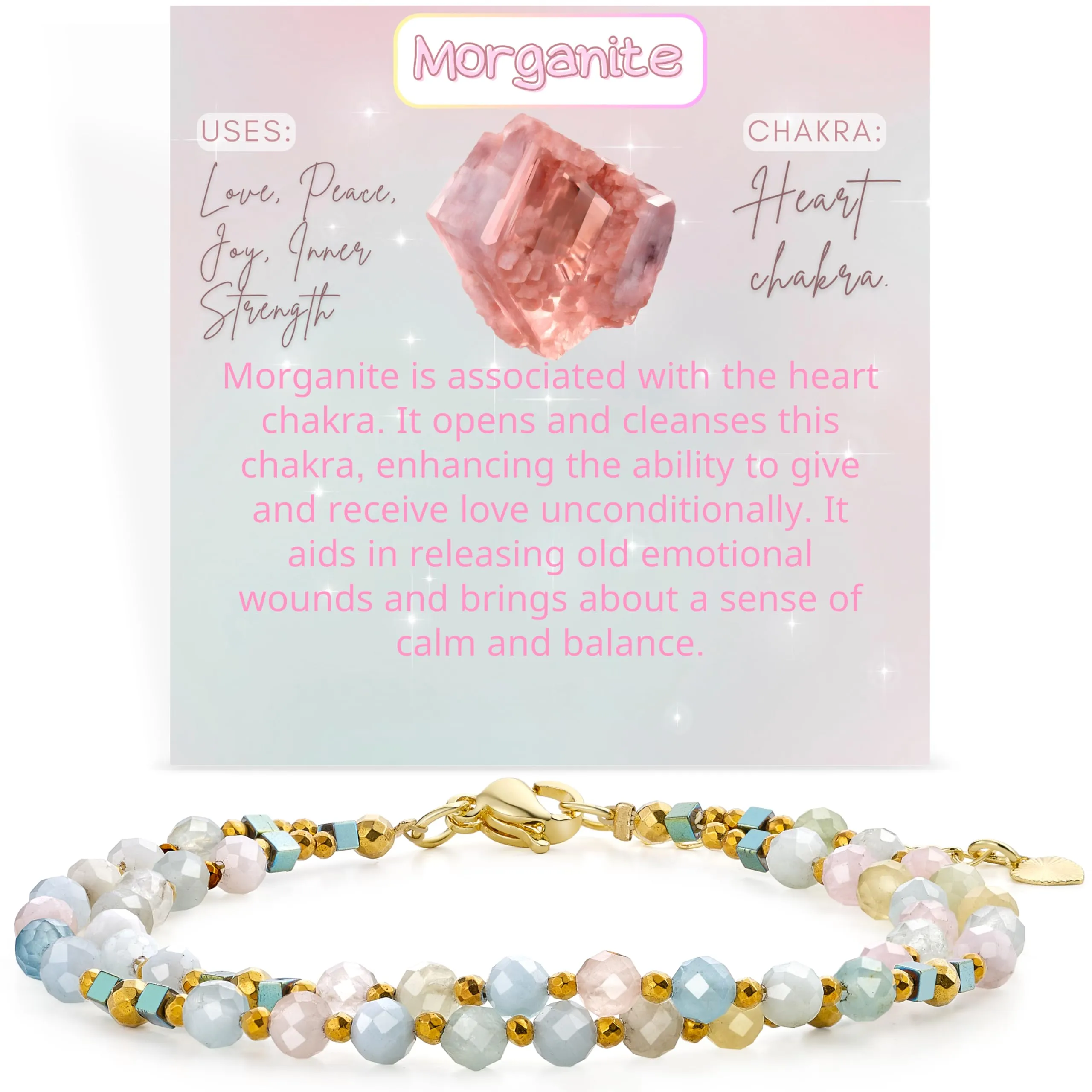 Farfume Bracciale Donna Chakra 4 mm Perline Bracciali, Cristalli Pietre Naturali Gioielli Regalo per le Donne (Morganite) - immagine 1