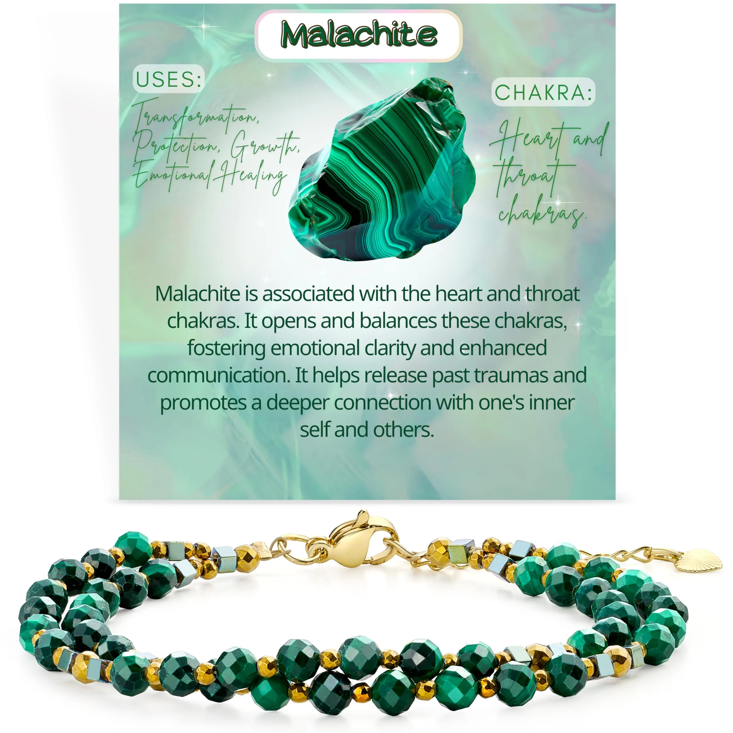 Farfume Bracciale Donna Chakra 4 mm Perline Bracciali, Cristalli Pietre Naturali Gioielli Regalo per le Donne (Malachite) - immagine 1