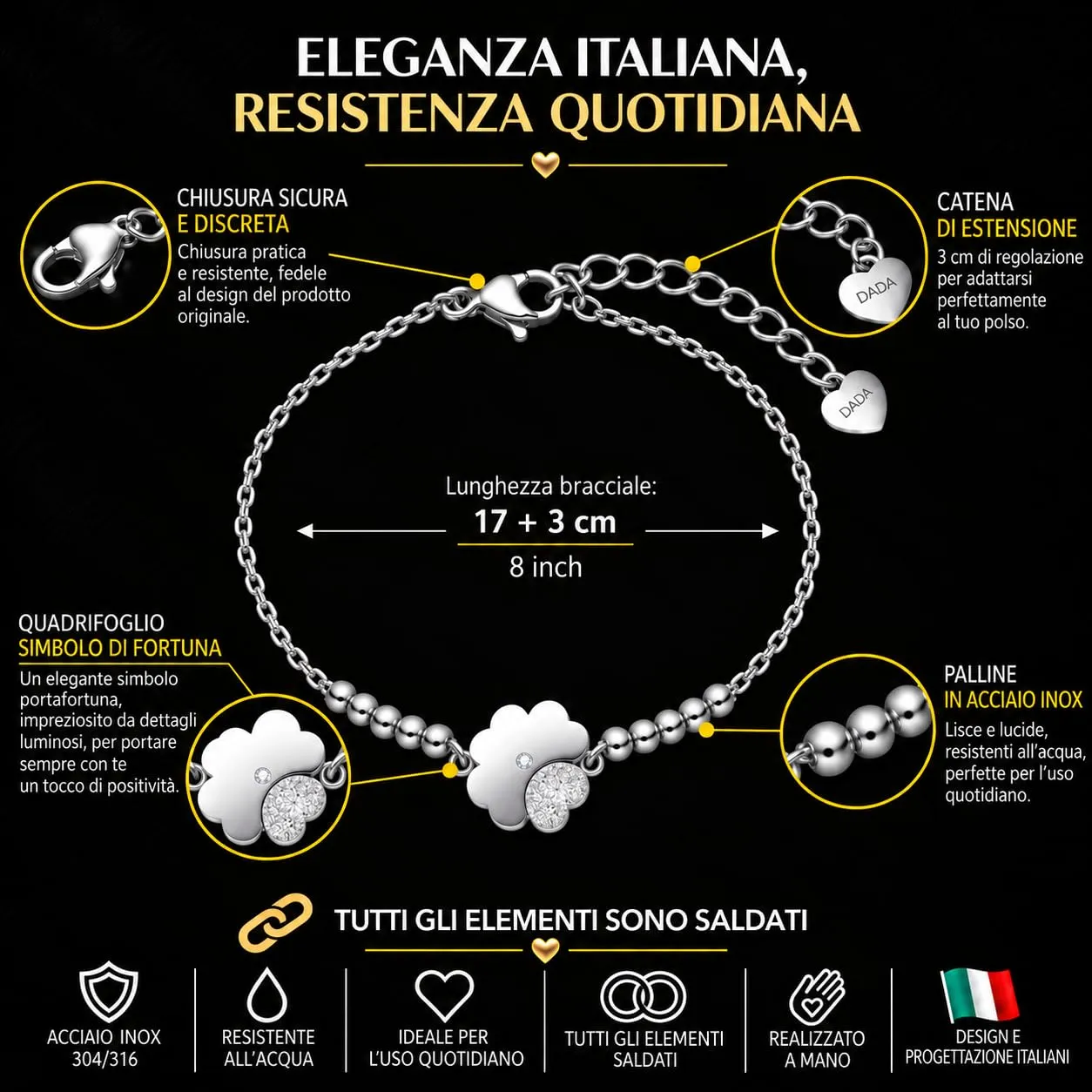 Dada Gioielli - Bracciale Donna Quadrifoglio Coccinella Elefantino Portafortuna Acciaio (Quadrifoglio) - immagine 4