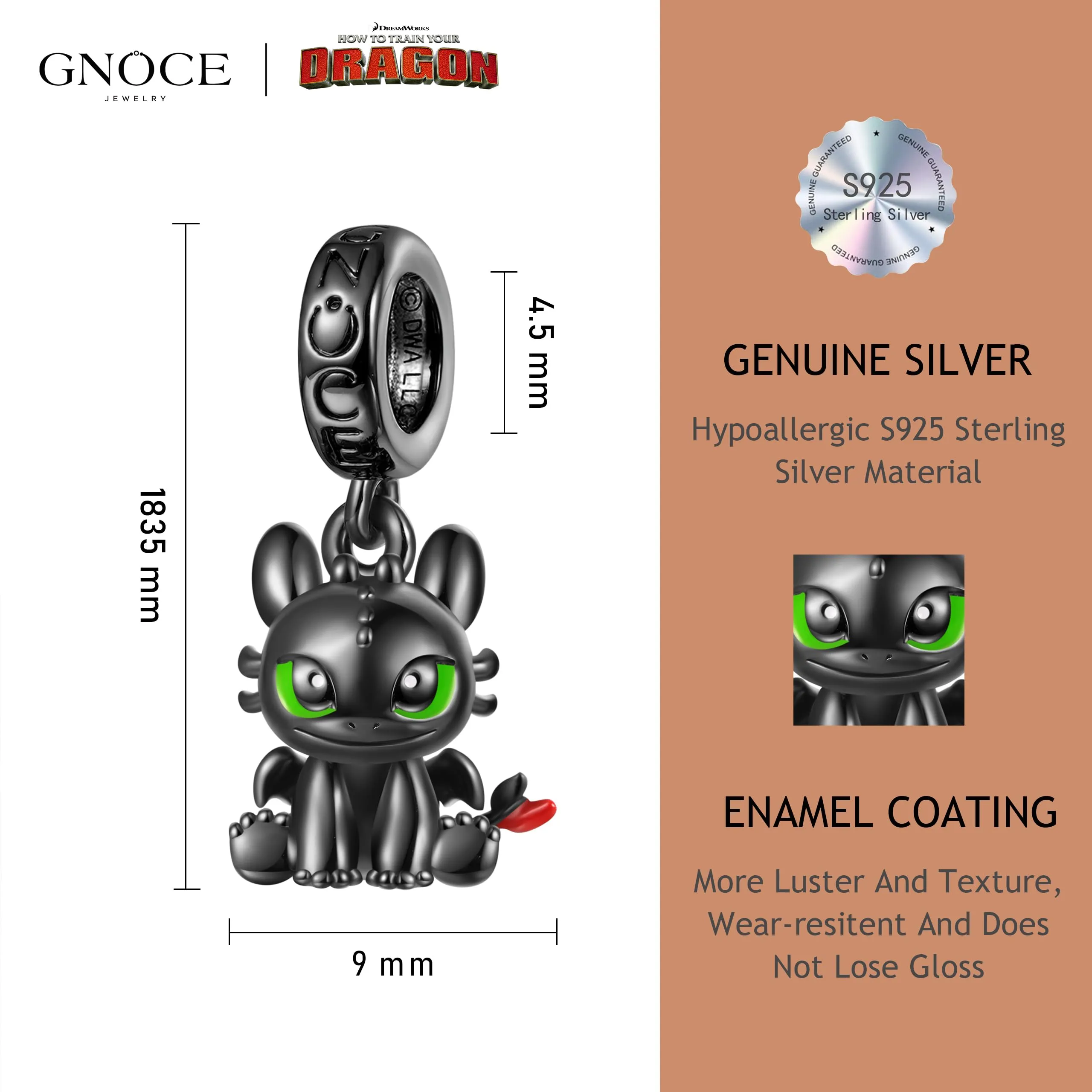GNOCE Come Addestrare Il Tuo Drago Ciondolo Dangle Sdentato&Light Fury Dragon 925 Sterling Silver Pendant Fit Bracciale/Collana Gioielli Regalo Per Le Donne Moglie (Toothless) - immagine 6