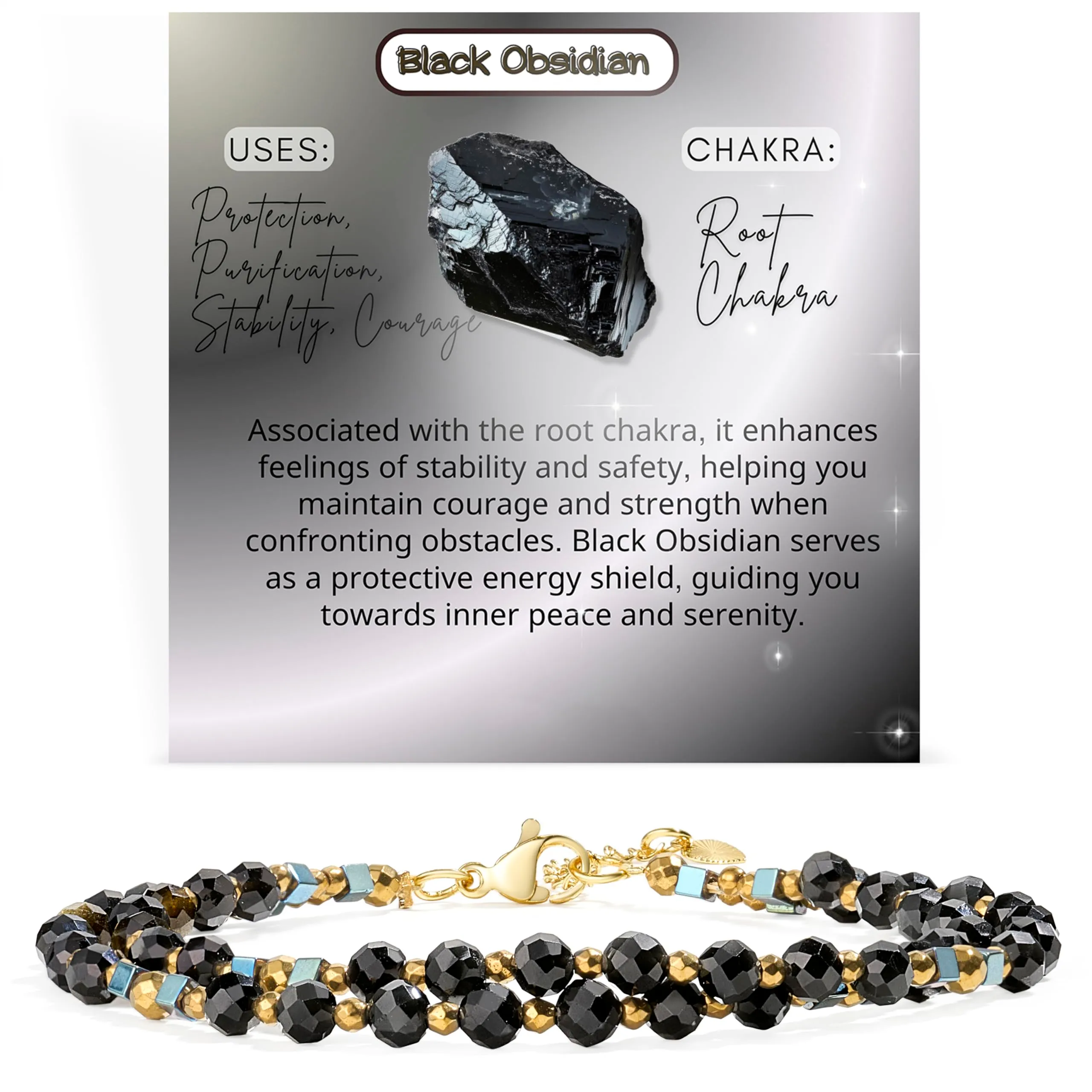 Farfume Bracciale Donna Chakra 4 mm Perline Bracciali, Cristalli Pietre Naturali Gioielli Regalo per le Donne (Ossidiana Nera) - immagine 1