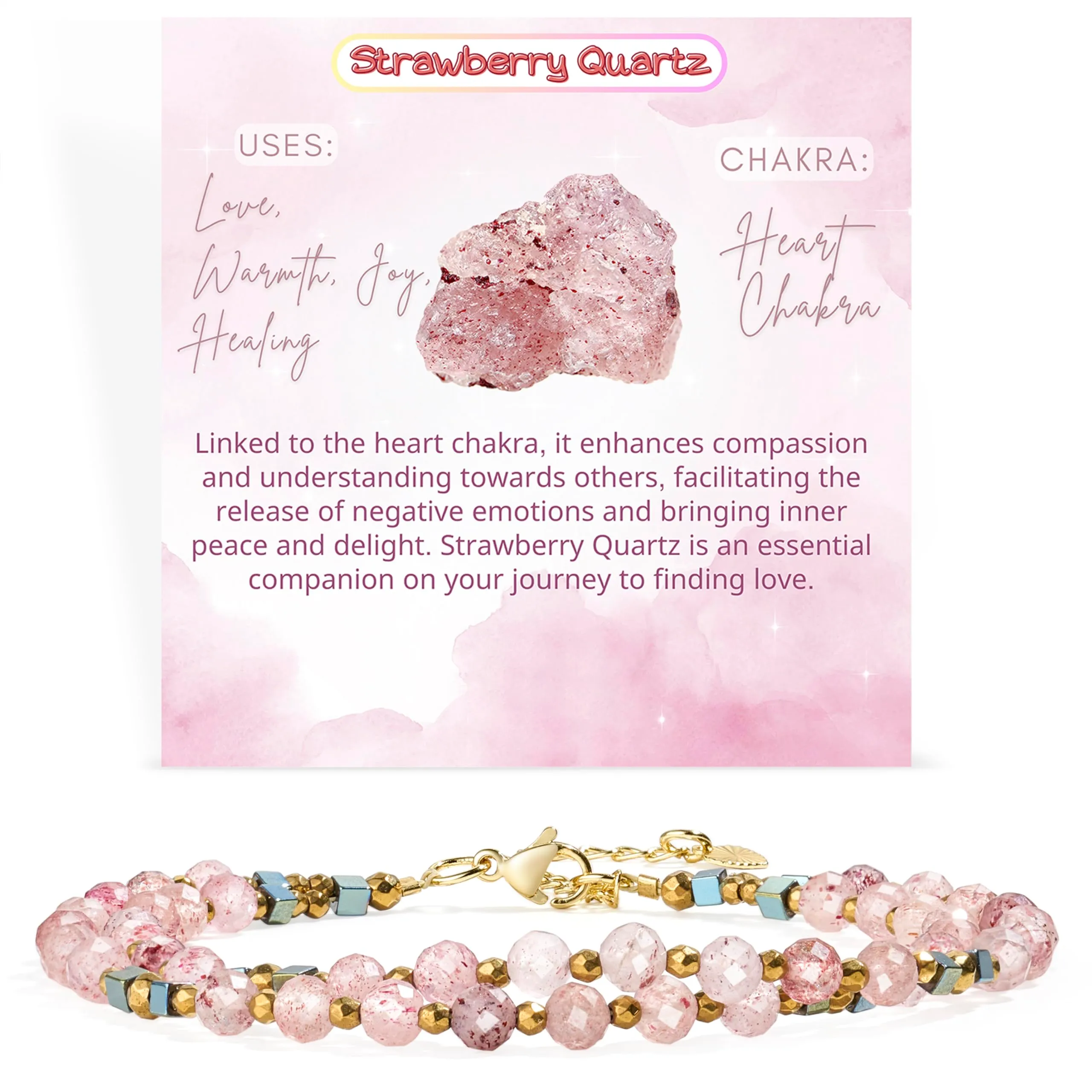 Farfume Bracciale Donna Chakra 4 mm Perline Bracciali, Cristalli Pietre Naturali Gioielli Regalo per le Donne (Quarzo Fragola) - immagine 1