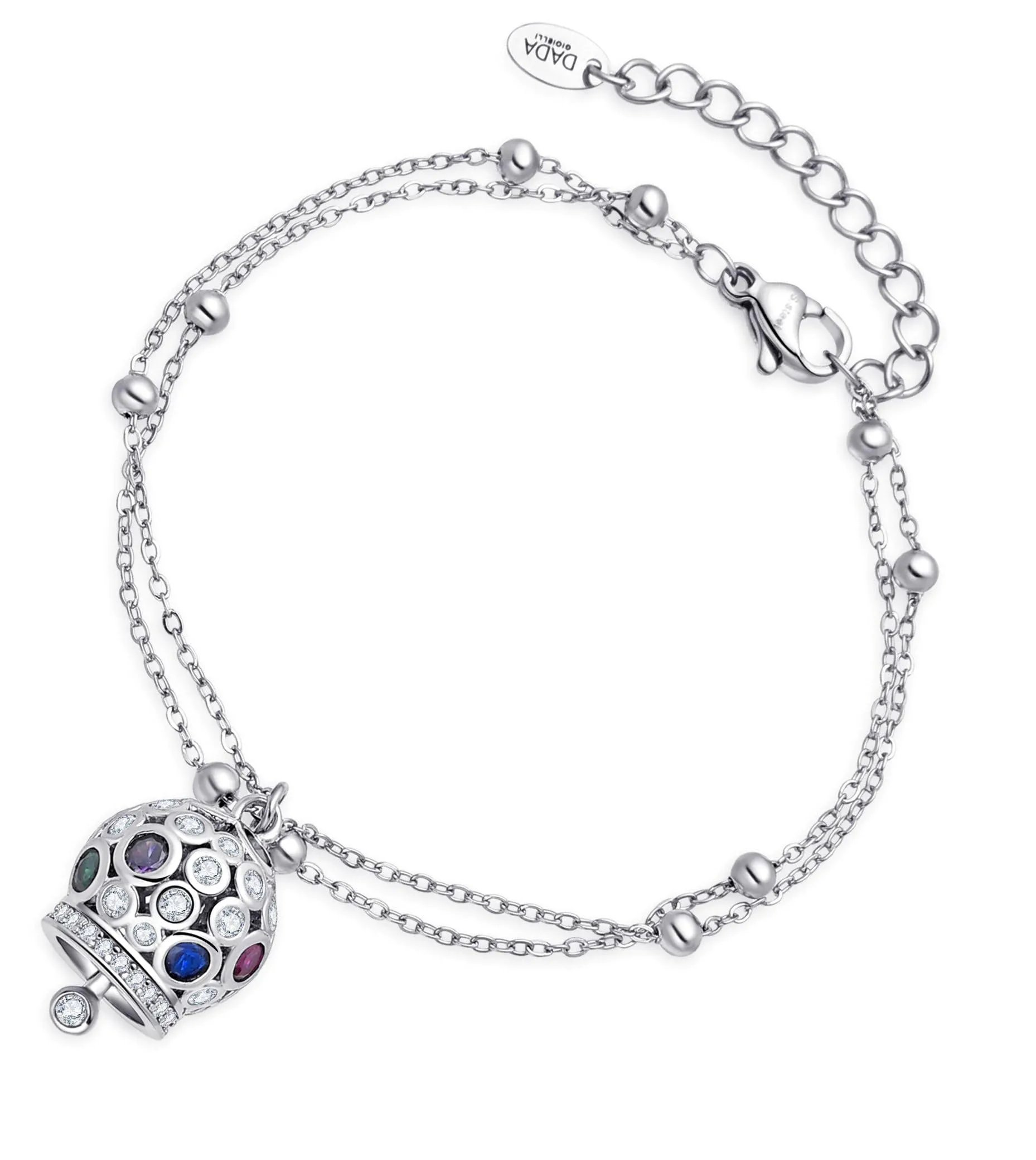 Dada Gioielli - Bracciale Campanella Capri con Pietre Brillanti Colorate e Catenina Rosario Elegante 16,5 + 3 cm (Multicolor Argento) - immagine 3