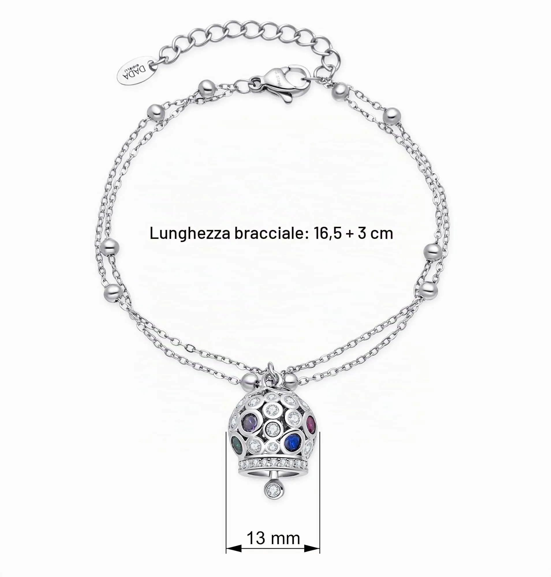 Dada Gioielli - Bracciale Campanella Capri con Pietre Brillanti Colorate e Catenina Rosario Elegante 16,5 + 3 cm (Multicolor Argento) - immagine 5