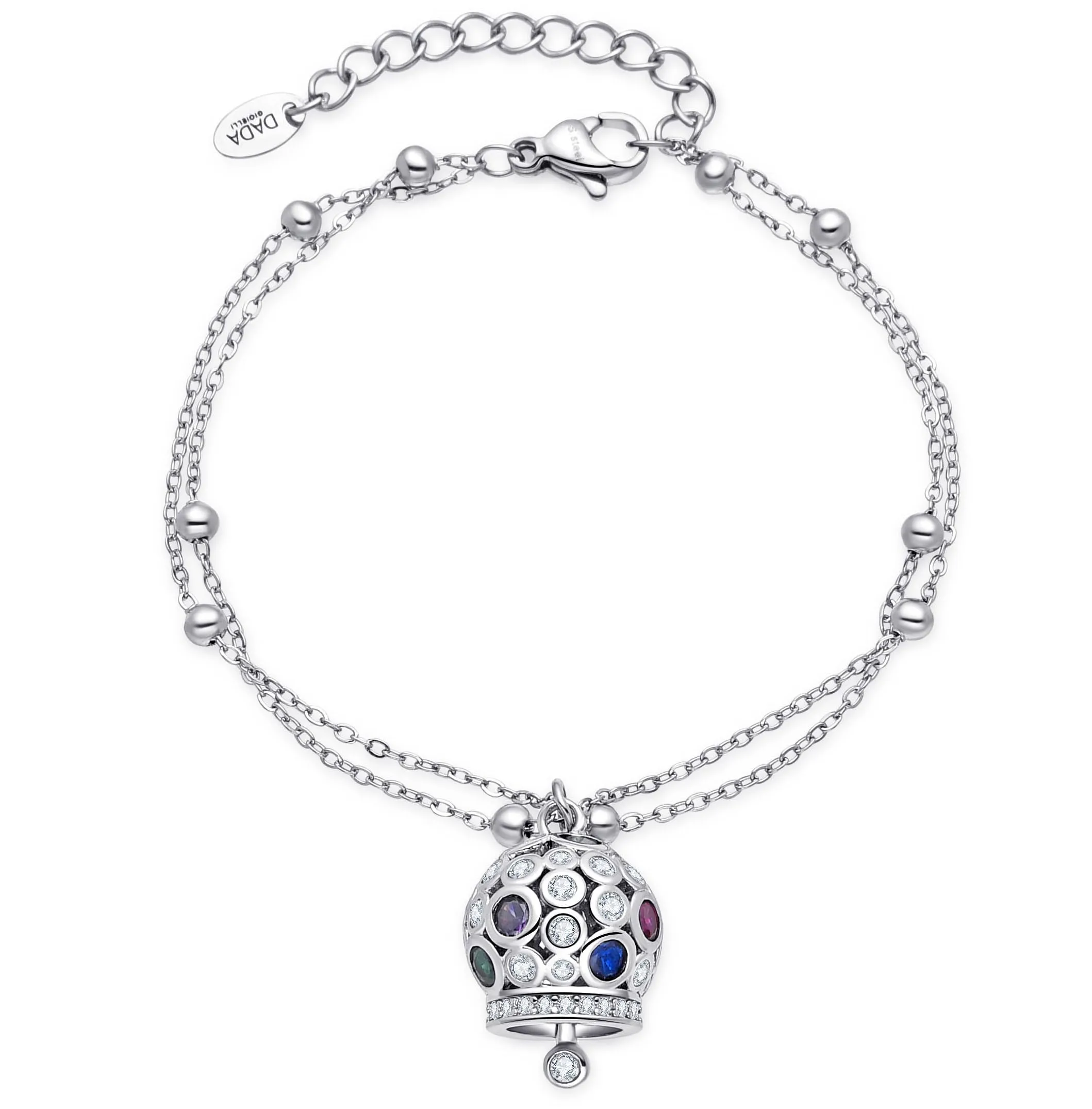 Dada Gioielli - Bracciale Campanella Capri con Pietre Brillanti Colorate e Catenina Rosario Elegante 16,5 + 3 cm (Multicolor Argento) - immagine 7
