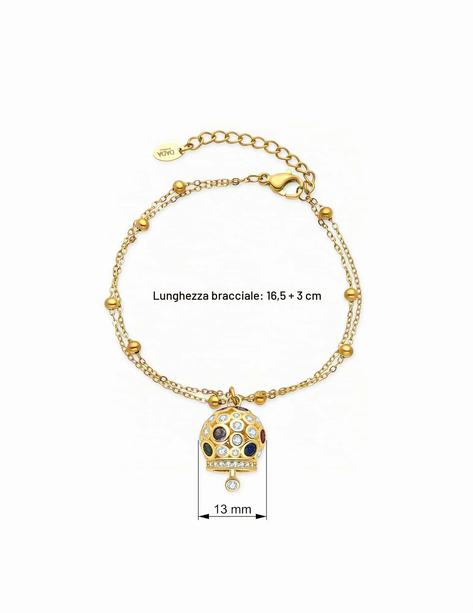 Dada Gioielli - Bracciale Campanella Capri con Pietre Brillanti Colorate e Catenina Rosario Elegante 16,5 + 3 cm (Multicolor Oro) - immagine 5