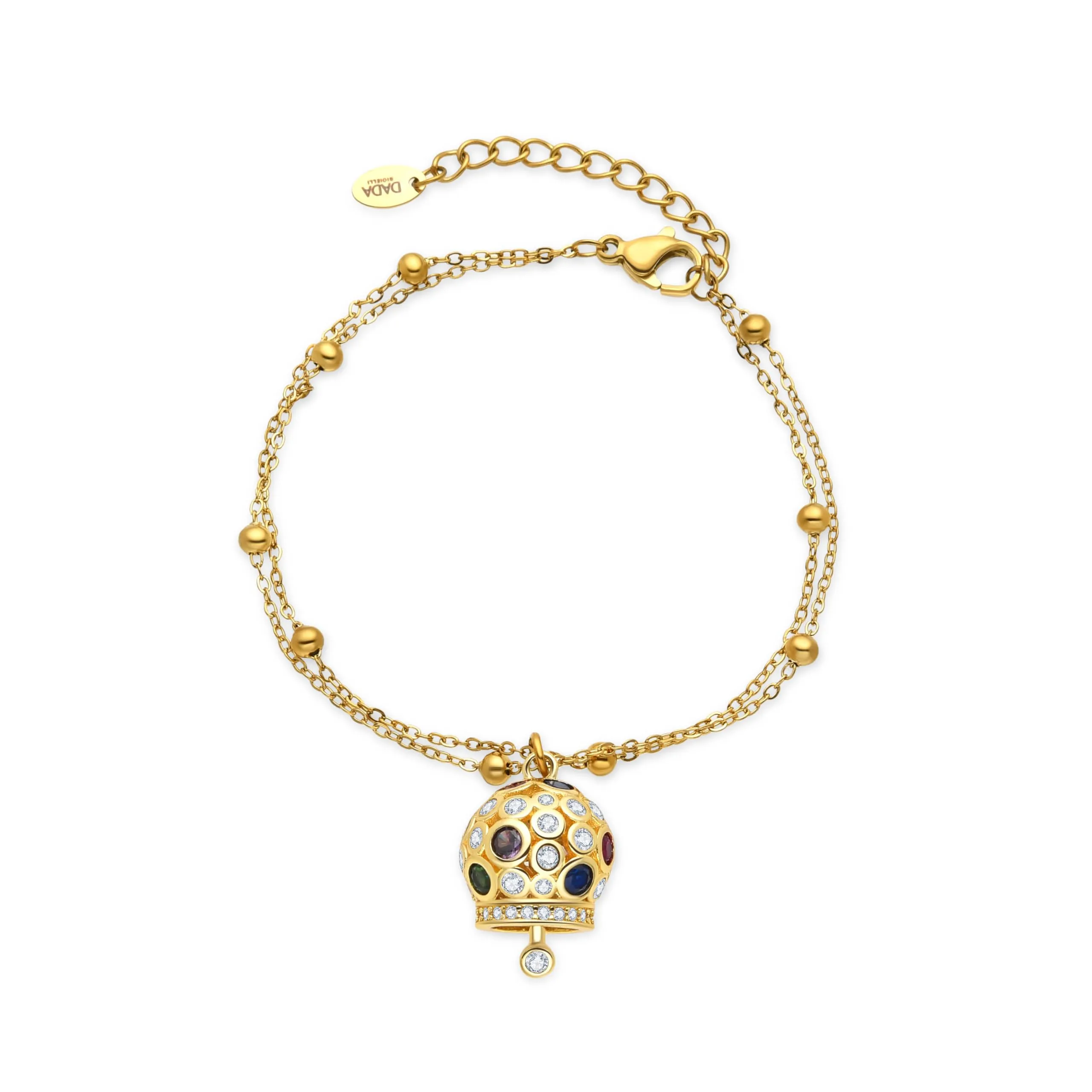 Dada Gioielli - Bracciale Campanella Capri con Pietre Brillanti Colorate e Catenina Rosario Elegante 16,5 + 3 cm (Multicolor Oro) - immagine 7