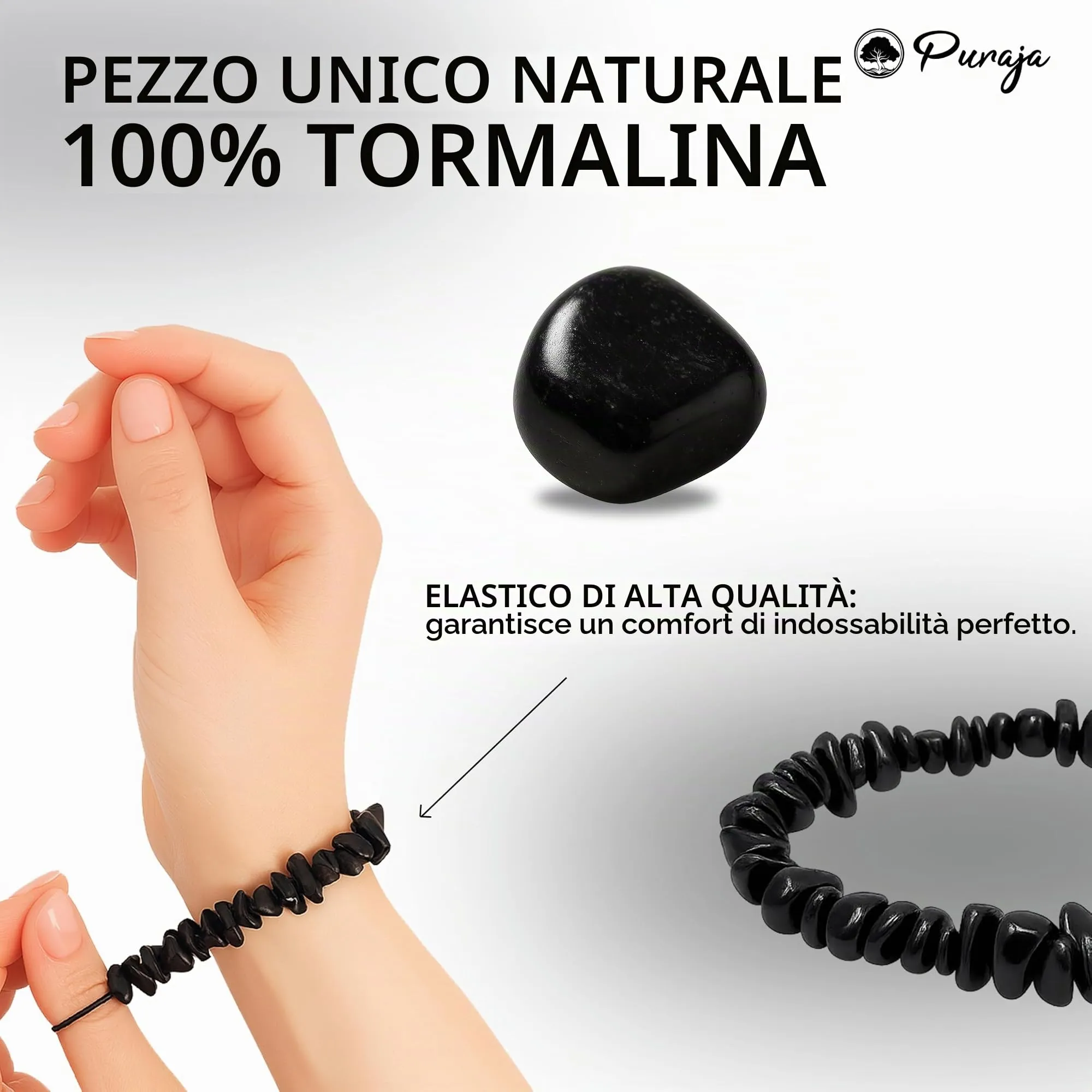 PURAJA Bracciale con pietre preziose in vera pietra naturale: tormalina, bracciale con schegge di minerali di alta qualità, Eine Grösse, Gemma, Tormalina - immagine 3