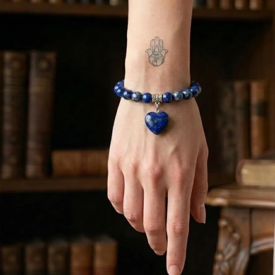 Bracciale con Pietre Naturali Vere e Ciondolo a Cuore, Energia Positiva, Armonia Interiore e Protezione Spirituale, Amore e Benessere Lapislazzuli - immagine 3