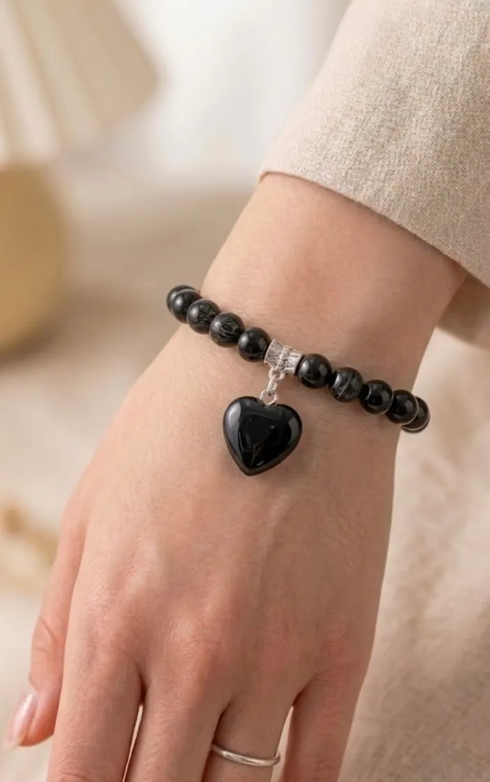 Bracciale con Pietre Naturali Vere e Ciondolo a Cuore, Energia Positiva, Armonia Interiore e Protezione Spirituale, Amore e Benessere Ossidiana - immagine 3