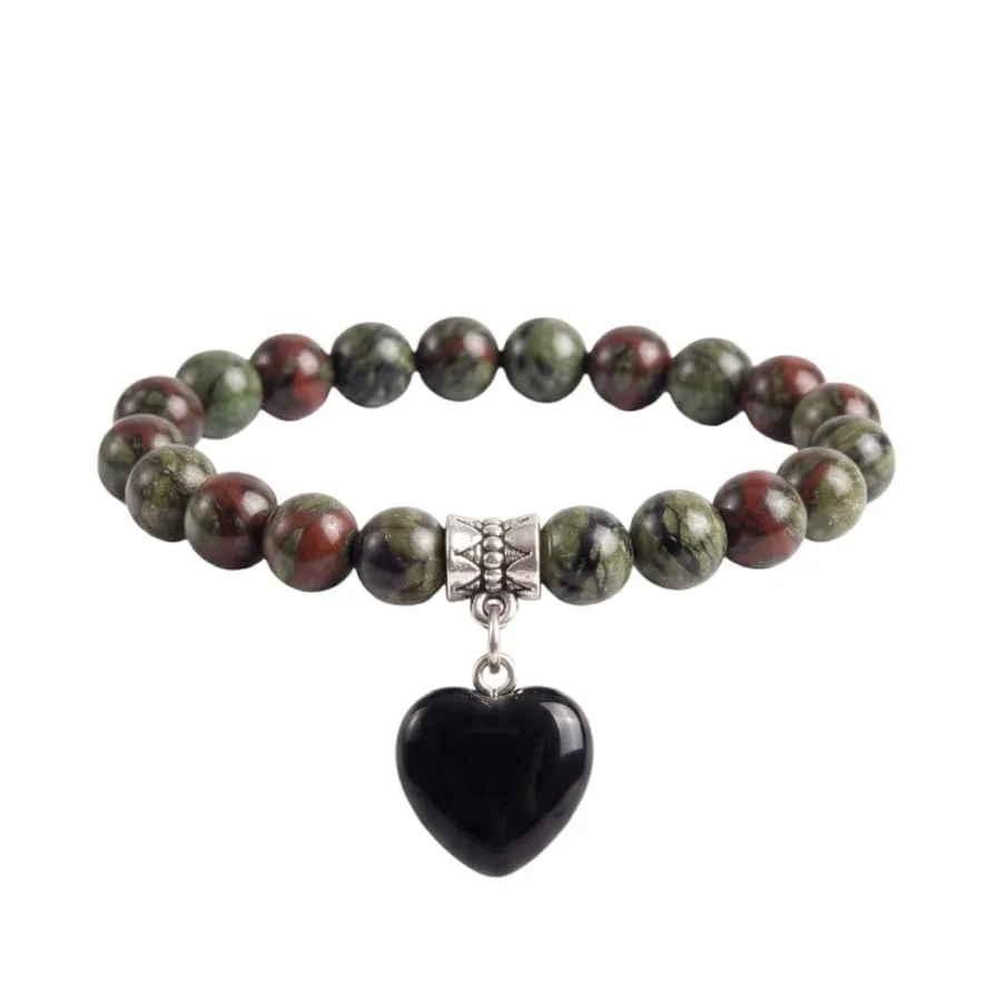 Bracciale con Pietre Naturali Vere e Ciondolo a Cuore, Energia Positiva, Armonia Interiore e Protezione Spirituale, Amore e Benessere (Dragon Stone) - immagine 1