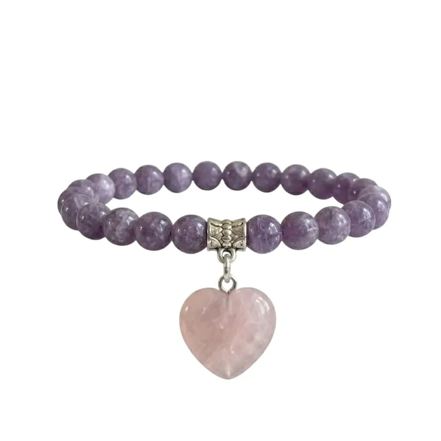 Generico Bracciale con Pietre Naturali Vere e Ciondolo a Cuore quarzo rosa, Energia Positiva, Armonia Interiore e Protezione Spirituale, Amore e Benessere Lepidolite - immagine 1