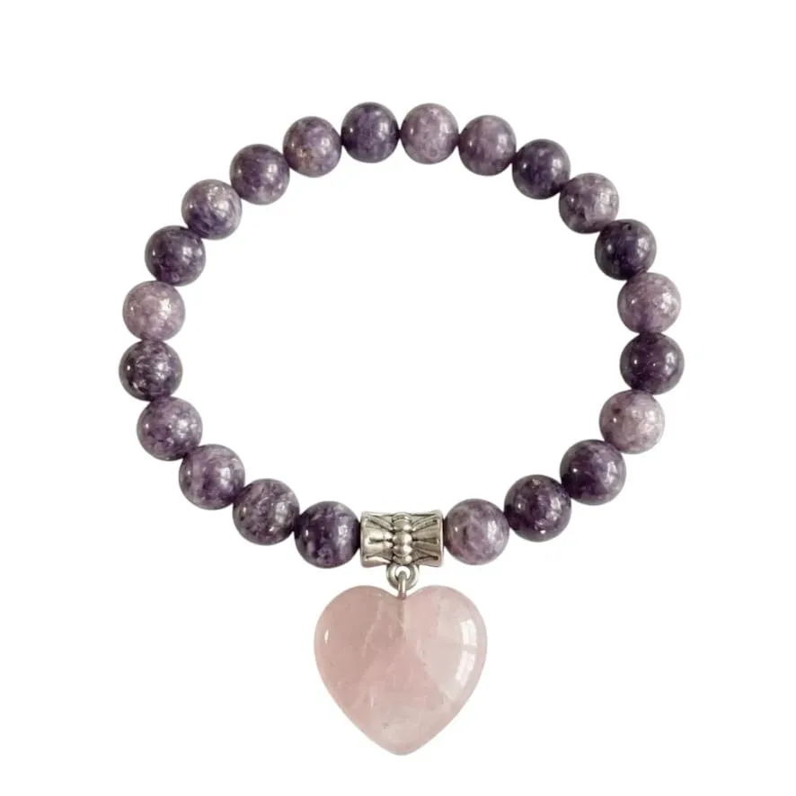 Generico Bracciale con Pietre Naturali Vere e Ciondolo a Cuore quarzo rosa, Energia Positiva, Armonia Interiore e Protezione Spirituale, Amore e Benessere Lepidolite - immagine 2