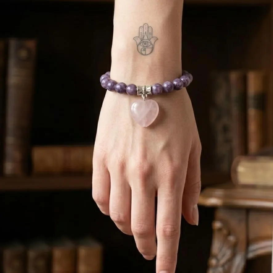 Generico Bracciale con Pietre Naturali Vere e Ciondolo a Cuore quarzo rosa, Energia Positiva, Armonia Interiore e Protezione Spirituale, Amore e Benessere Lepidolite - immagine 3