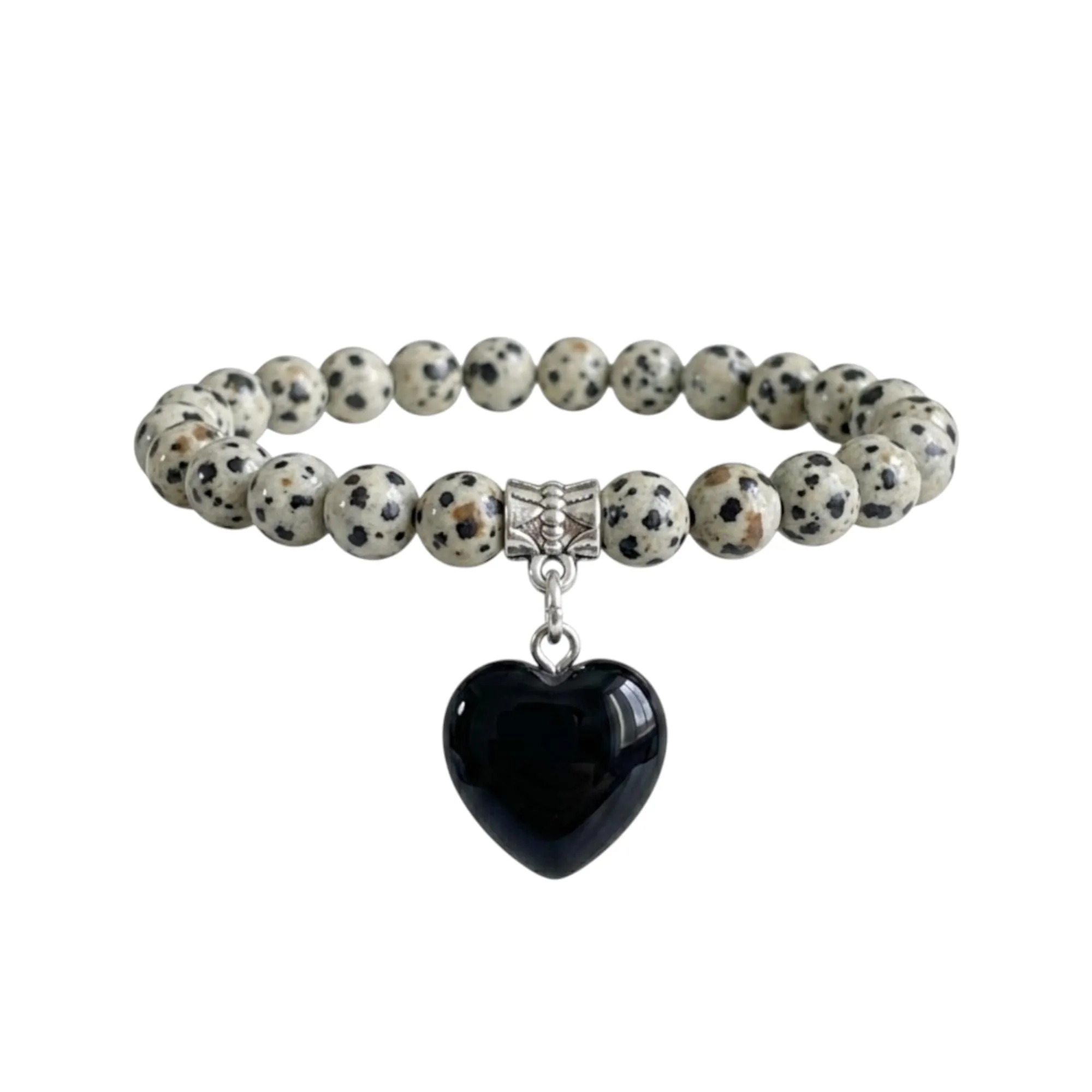 Bracciale con Pietre Naturali Vere e Ciondolo a Cuore ossidiana, Energia Positiva, Armonia Interiore e Protezione Spirituale, Amore e Benessere Diaspro Dalmata - immagine 1