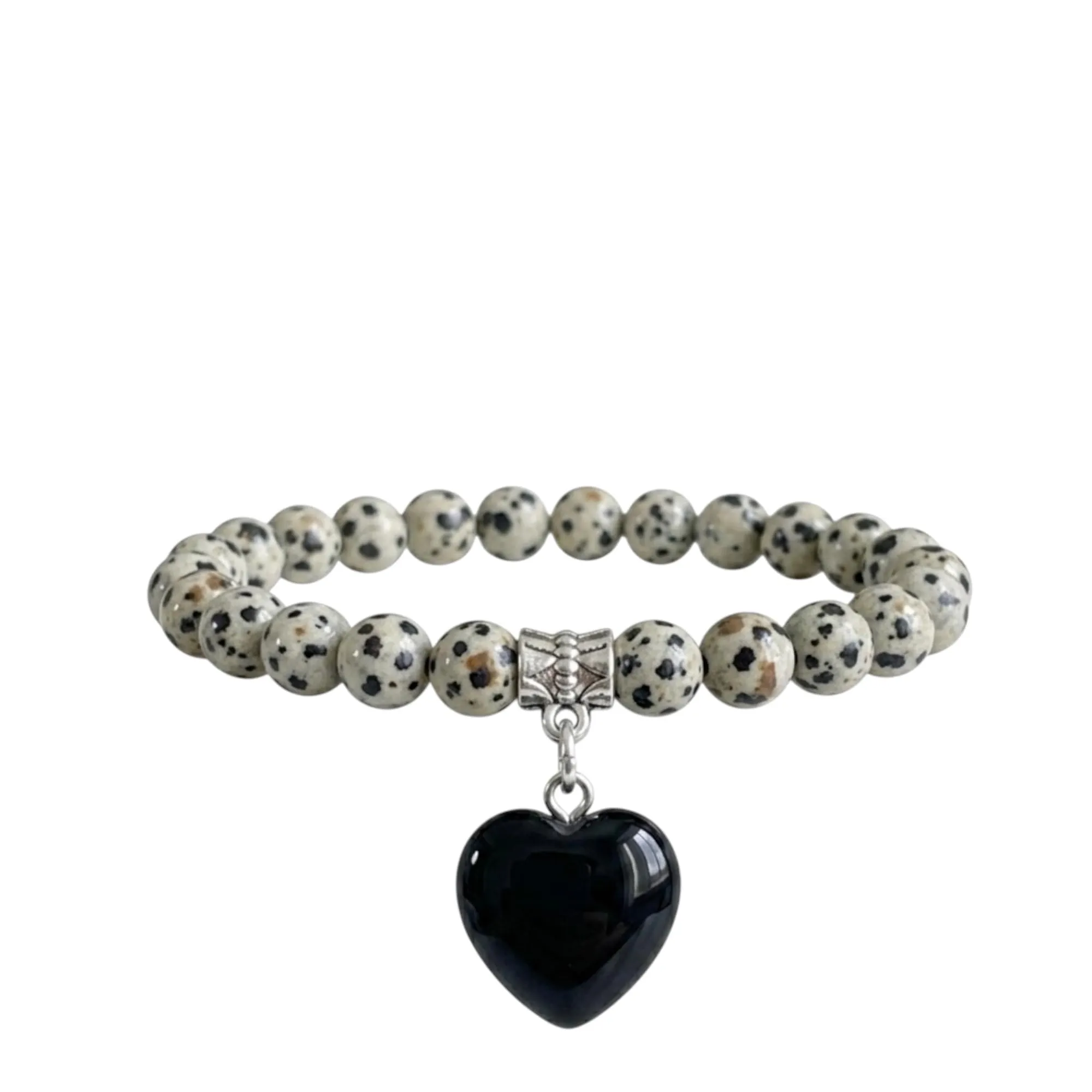 Bracciale con Pietre Naturali Vere e Ciondolo a Cuore ossidiana, Energia Positiva, Armonia Interiore e Protezione Spirituale, Amore e Benessere Diaspro Dalmata - immagine 5