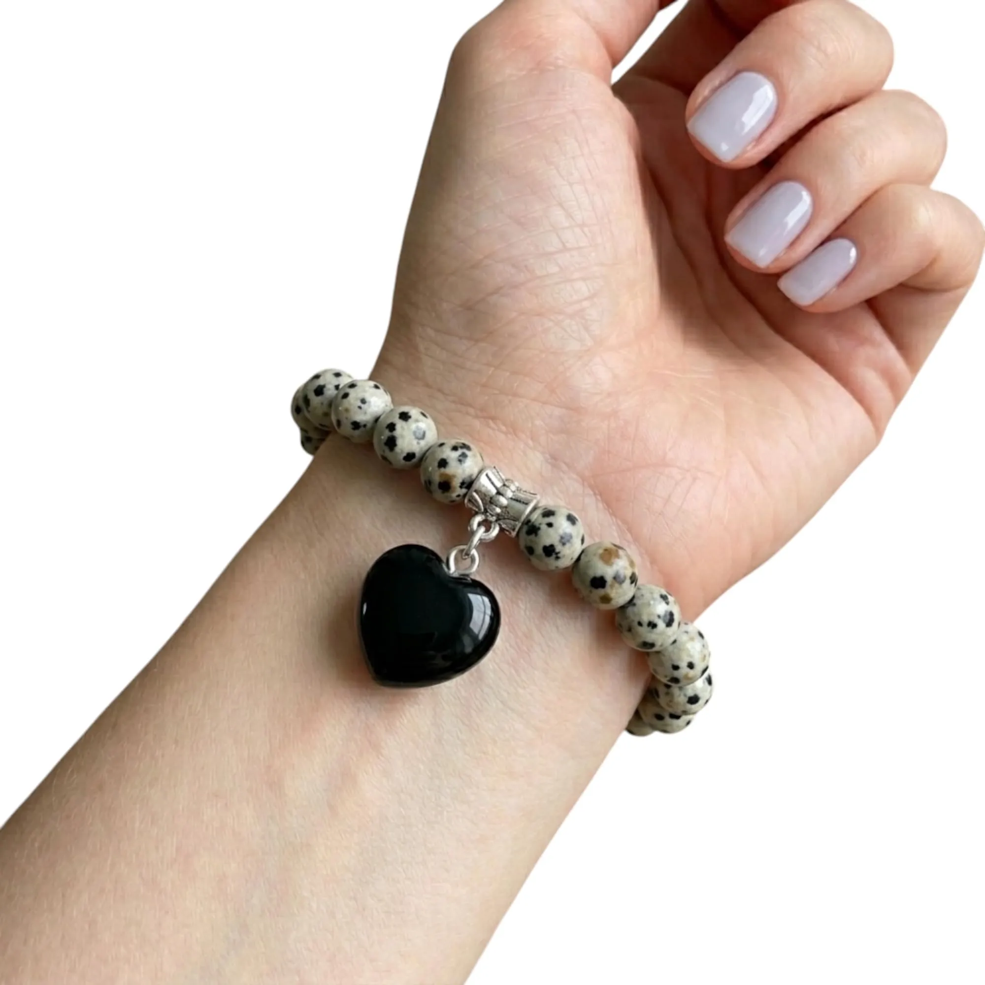Bracciale con Pietre Naturali Vere e Ciondolo a Cuore ossidiana, Energia Positiva, Armonia Interiore e Protezione Spirituale, Amore e Benessere Diaspro Dalmata - immagine 7