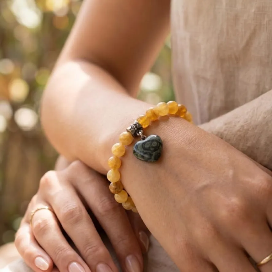 Bracciale con Pietre Naturali Vere e Ciondolo a Cuore, Energia Positiva, Armonia Interiore e Protezione Spirituale, Amore e Benessere (Calcite Gialla) - immagine 3