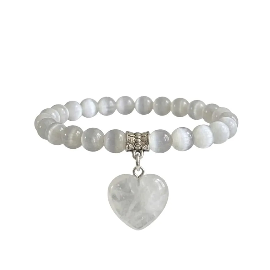 Bracciale con Pietre Naturali Vere e Ciondolo a Cuore Quarzo Ialino, Energia Positiva, Armonia Interiore e Protezione Spirituale, Amore e Benessere Selenite - immagine 1