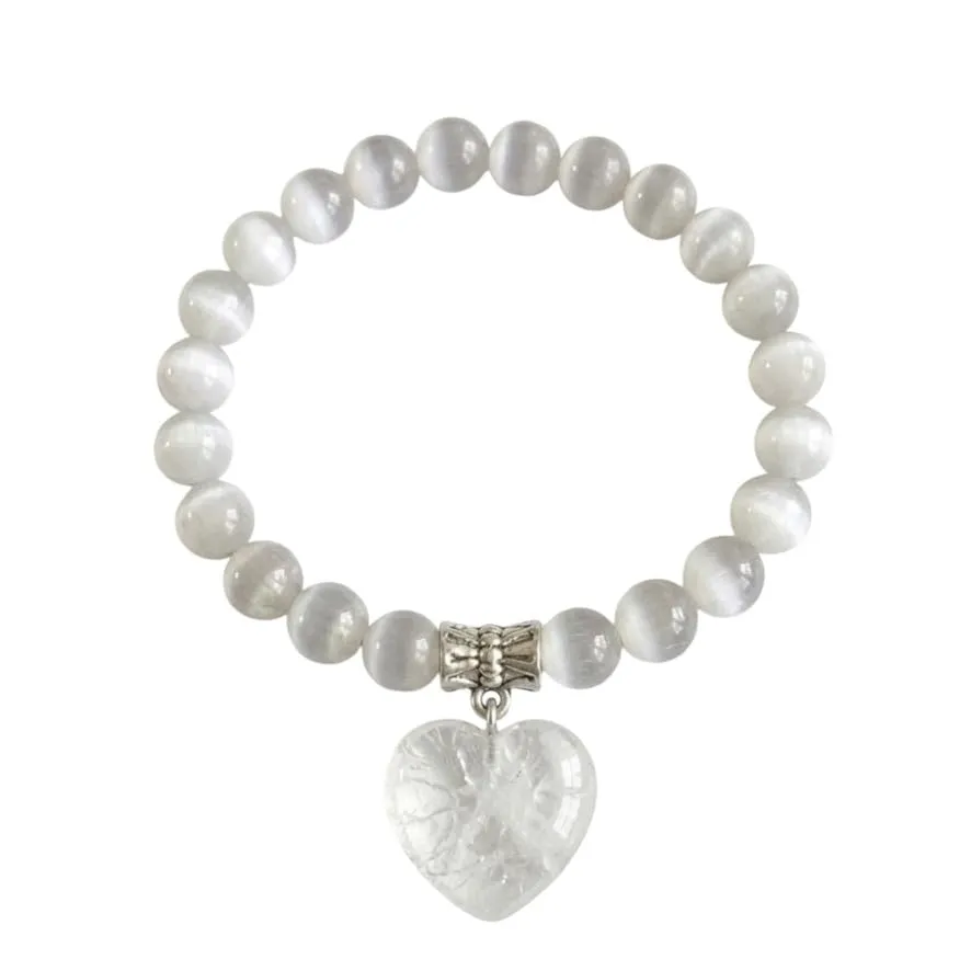 Bracciale con Pietre Naturali Vere e Ciondolo a Cuore Quarzo Ialino, Energia Positiva, Armonia Interiore e Protezione Spirituale, Amore e Benessere Selenite - immagine 2