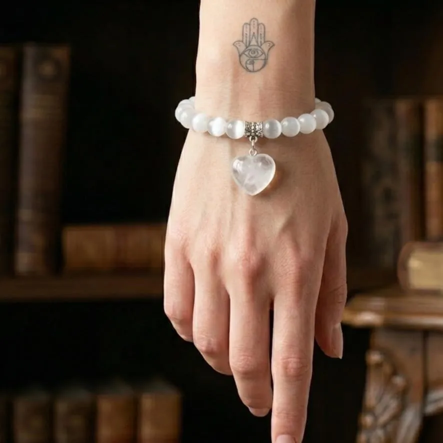 Bracciale con Pietre Naturali Vere e Ciondolo a Cuore Quarzo Ialino, Energia Positiva, Armonia Interiore e Protezione Spirituale, Amore e Benessere Selenite - immagine 3