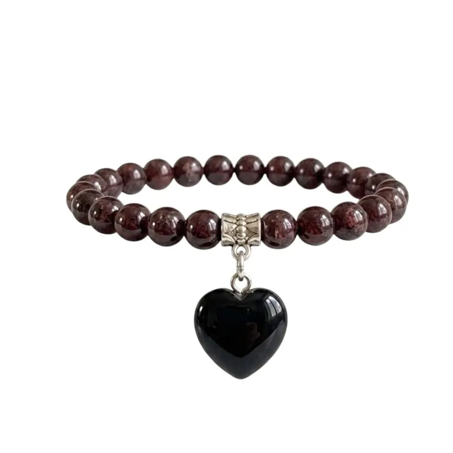 Bracciale con Pietre Naturali Vere e Ciondolo a Cuore ossidiana, Energia Positiva, Armonia Interiore e Protezione Spirituale, Amore e Benessere Granato - immagine 1