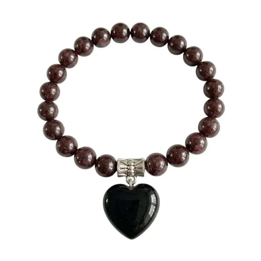 Bracciale con Pietre Naturali Vere e Ciondolo a Cuore ossidiana, Energia Positiva, Armonia Interiore e Protezione Spirituale, Amore e Benessere Granato - immagine 2