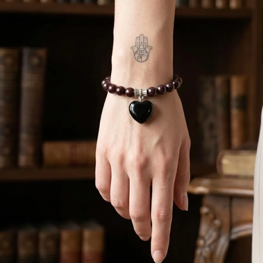 Bracciale con Pietre Naturali Vere e Ciondolo a Cuore ossidiana, Energia Positiva, Armonia Interiore e Protezione Spirituale, Amore e Benessere Granato - immagine 3