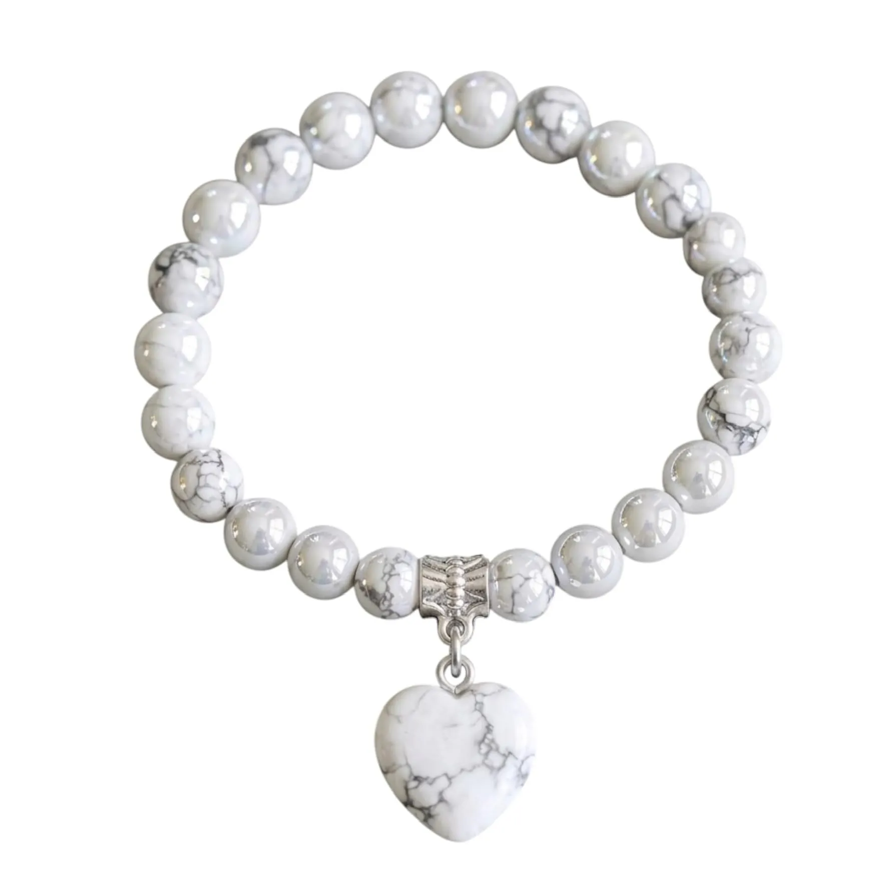 Bracciale con Pietre Naturali Vere e Ciondolo a Cuore, Energia Positiva, Armonia Interiore e Protezione Spirituale, Amore e Benessere Howlite Bianca - immagine 3