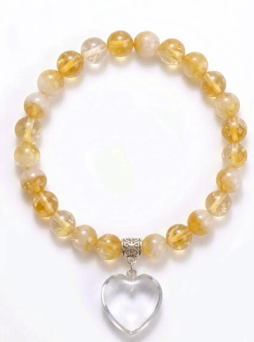 Bracciale con Pietre Naturali Vere e Ciondolo a Cuore in quarzo ialino, Energia Positiva, Armonia Interiore e Protezione Spirituale, Amore e Benessere Citrino - immagine 2