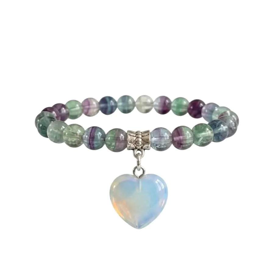 Bracciale con Pietre Naturali Vere e Ciondolo a Cuore opalite, Energia Positiva, Armonia Interiore e Protezione Spirituale, Amore e Benessere (Fluorite) - immagine 1