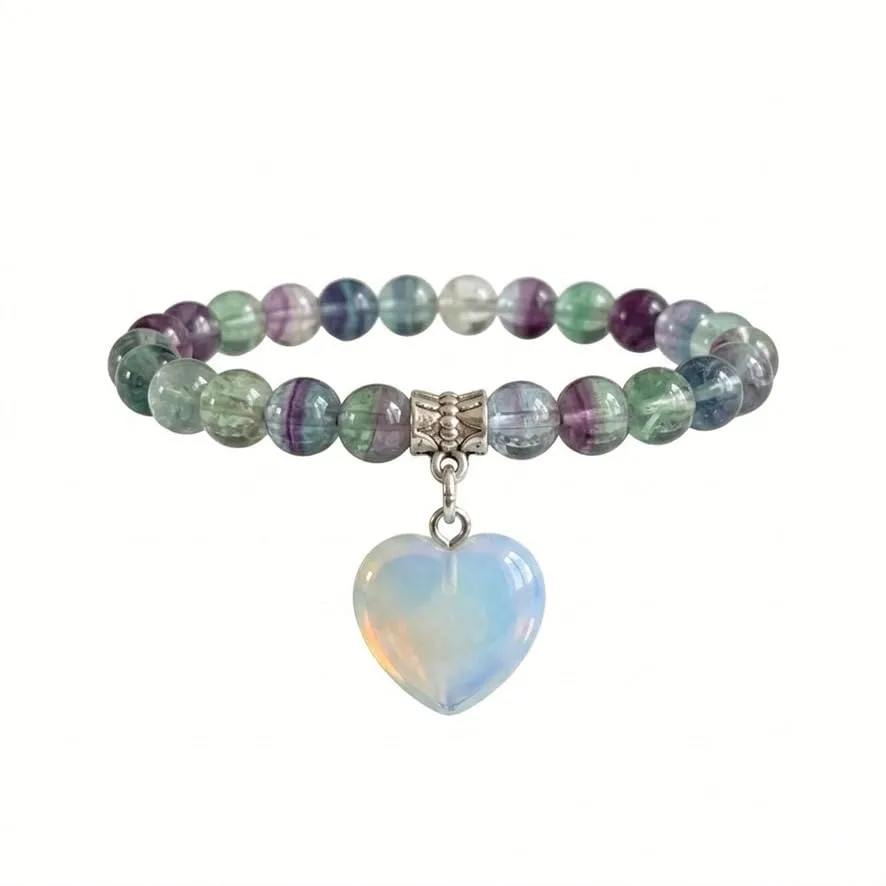 Bracciale con Pietre Naturali Vere e Ciondolo a Cuore opalite, Energia Positiva, Armonia Interiore e Protezione Spirituale, Amore e Benessere (Fluorite) - immagine 2